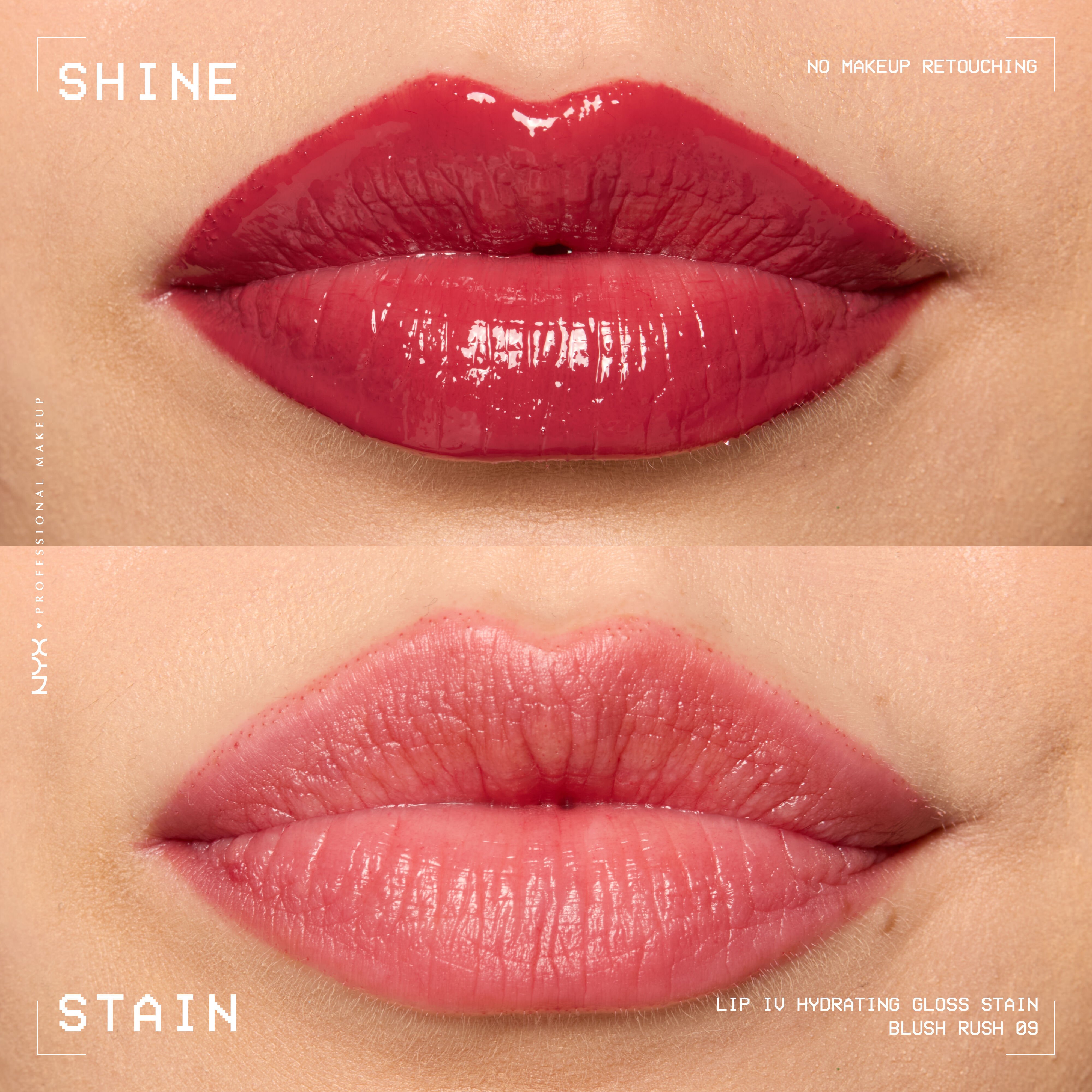 comparison of lips when glossy from Lip I.V. Hydrating Lip Stain vs after staining labeled “Shine” and “Stain”