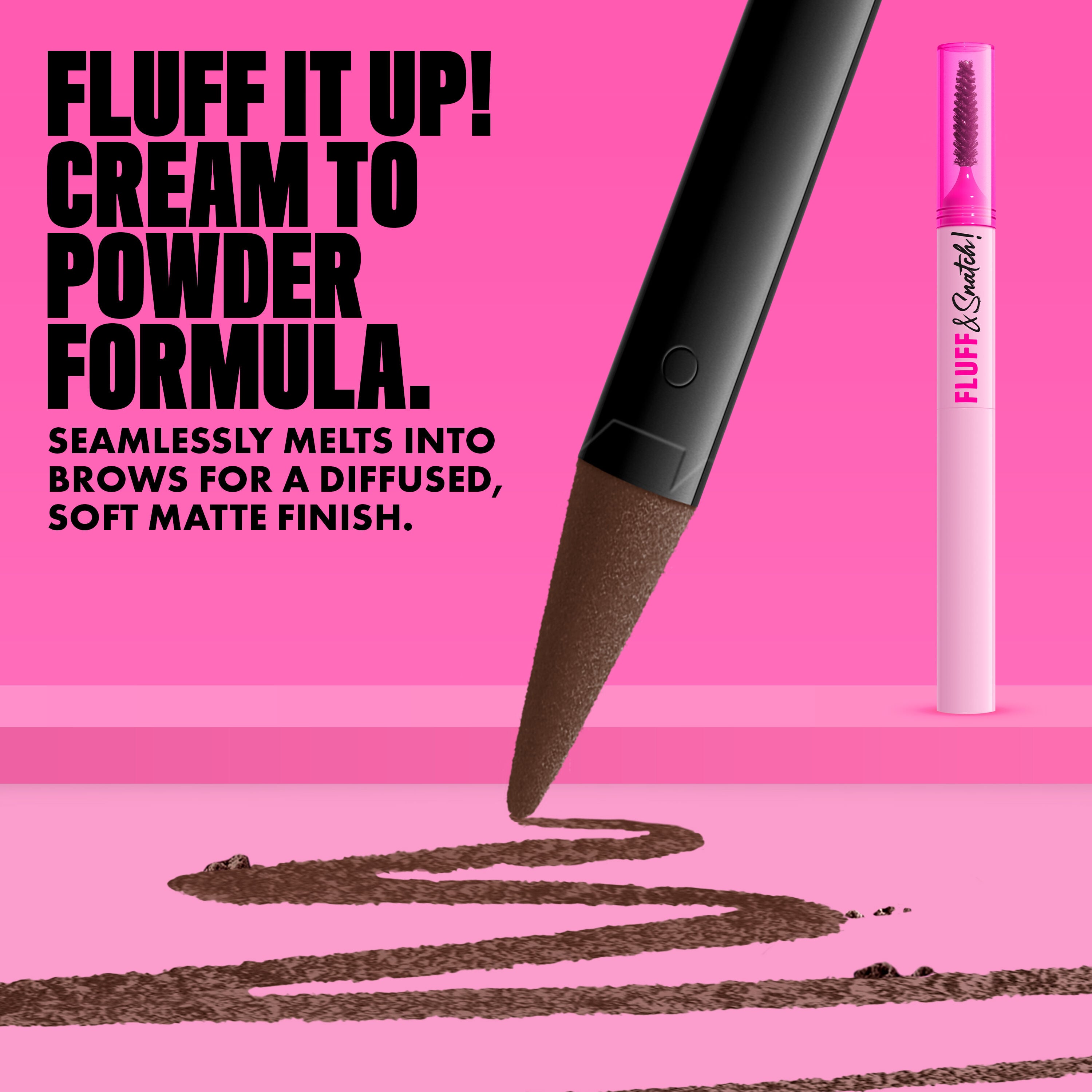 NYX Fluff and Snatch Brow Powder Pen with product swatch and benefits text on a pink background in shade 06 Brunette