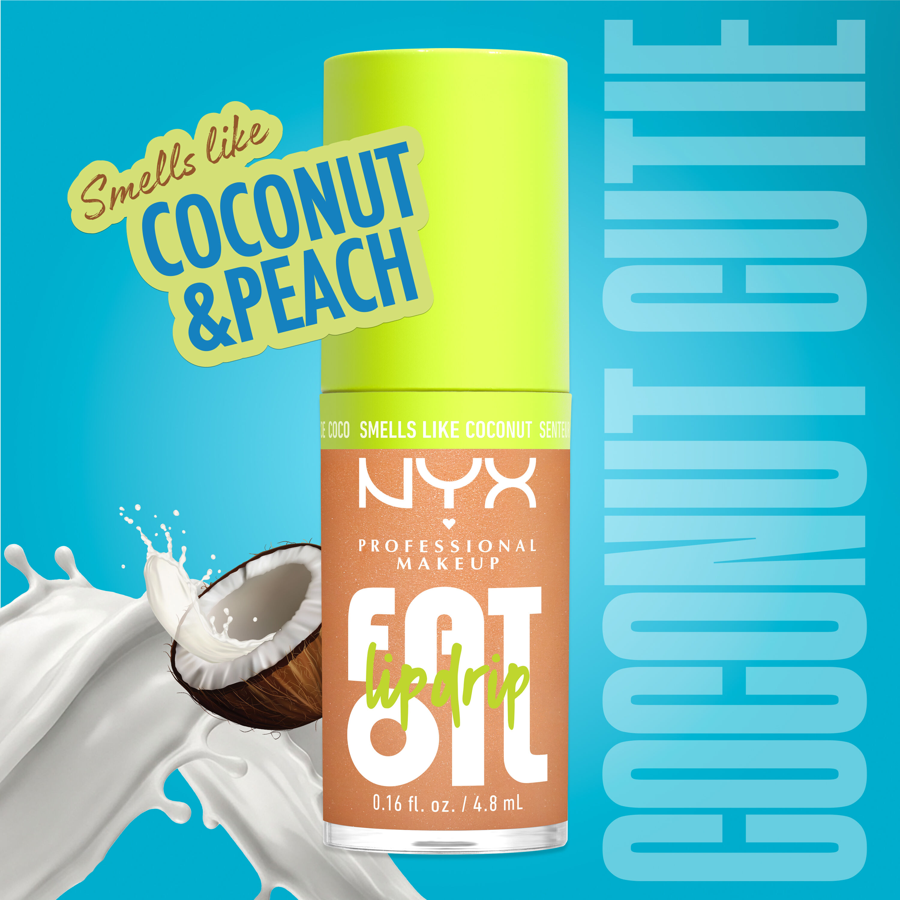 Fat Oil Lip Drip lip gloss in Coconut Cutie shade, featuring coconut and peach scent with high-shine finish and hydrating formula in tube packaging.