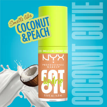 Fat Oil Lip Drip lip gloss in Coconut Cutie shade, featuring coconut and peach scent with high-shine finish and hydrating formula in tube packaging.