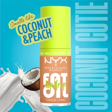 Fat Oil Lip Drip lip gloss in Coconut Cutie shade, featuring coconut and peach scent with high-shine finish and hydrating formula in tube packaging.