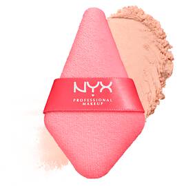 NYX Professional Makeup Wonder Setting Powder Puff on white background with beige powder makeup swatch