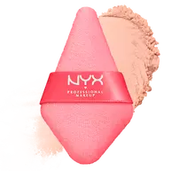 NYX Professional Makeup Wonder Setting Powder Puff on white background with beige powder makeup swatch