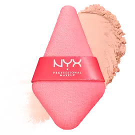 NYX Professional Makeup Wonder Setting Powder Puff on white background with beige powder makeup swatch