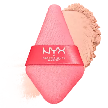 NYX Professional Makeup Wonder Setting Powder Puff on white background with beige powder makeup swatch