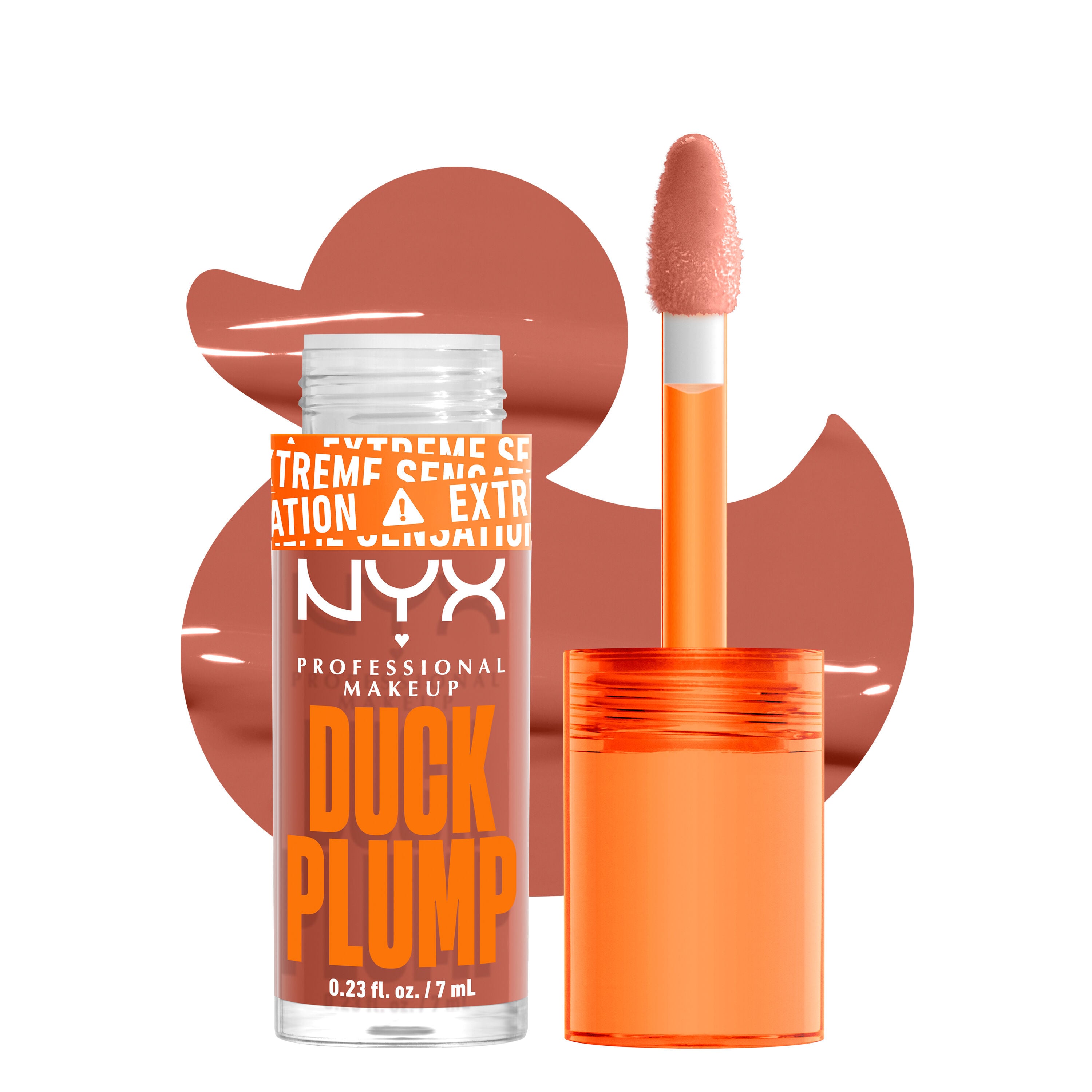 Duck Plump lip gloss bottle and applicator with duck cutout background