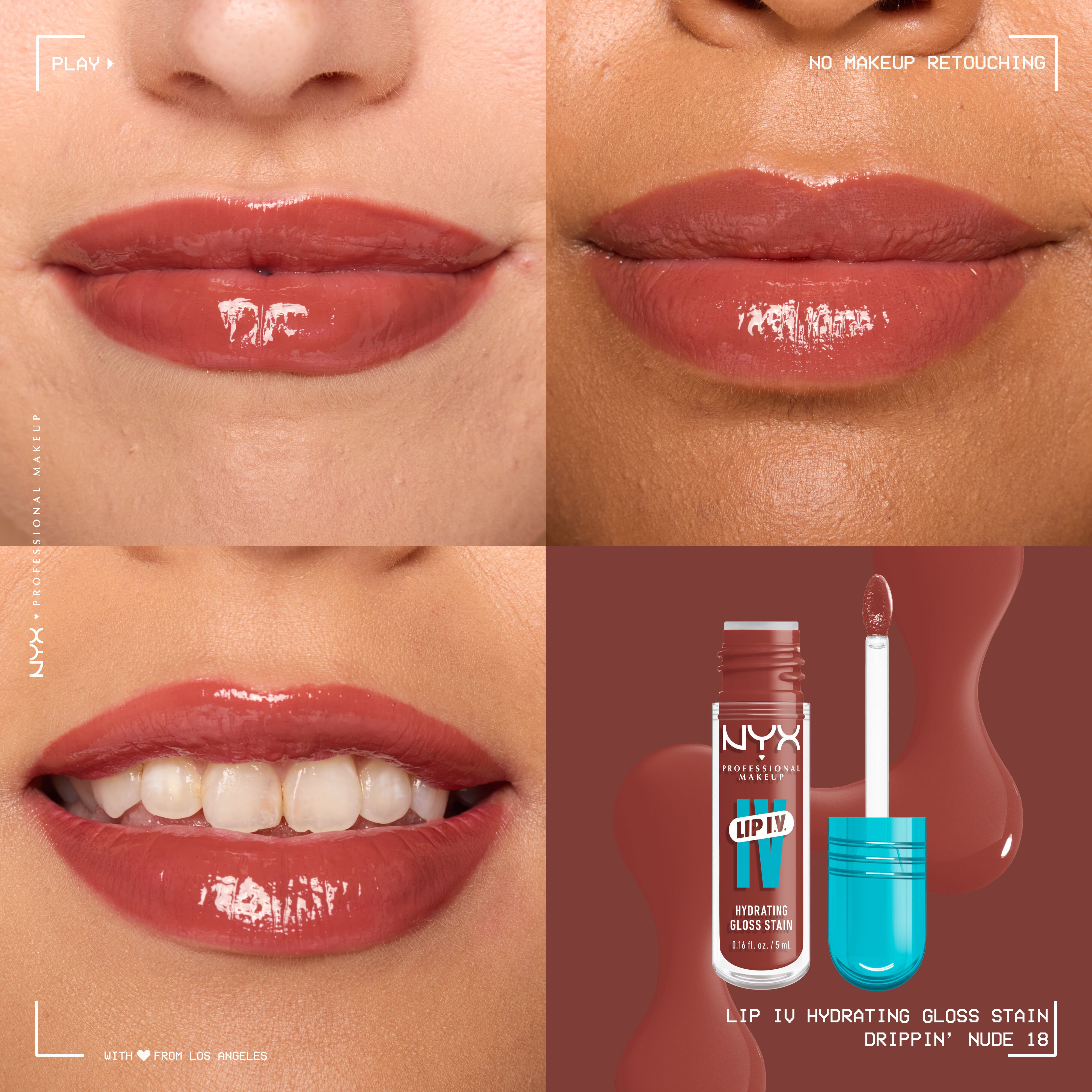 Lip I.V. Hydrating Lip Gloss Stain on three different skin tones.
