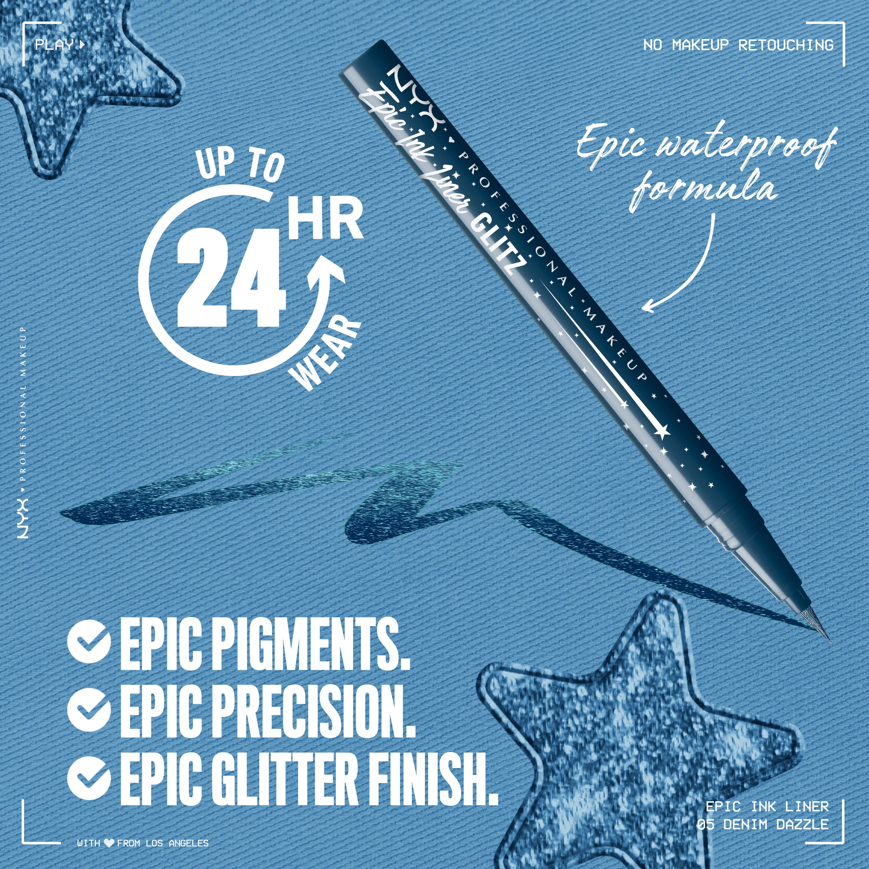 Epic Ink Liner in shimmer deep navy with text "Up to 24 HR wear. Epic Pigments. Epic Precision. Epic Glitter Finish"