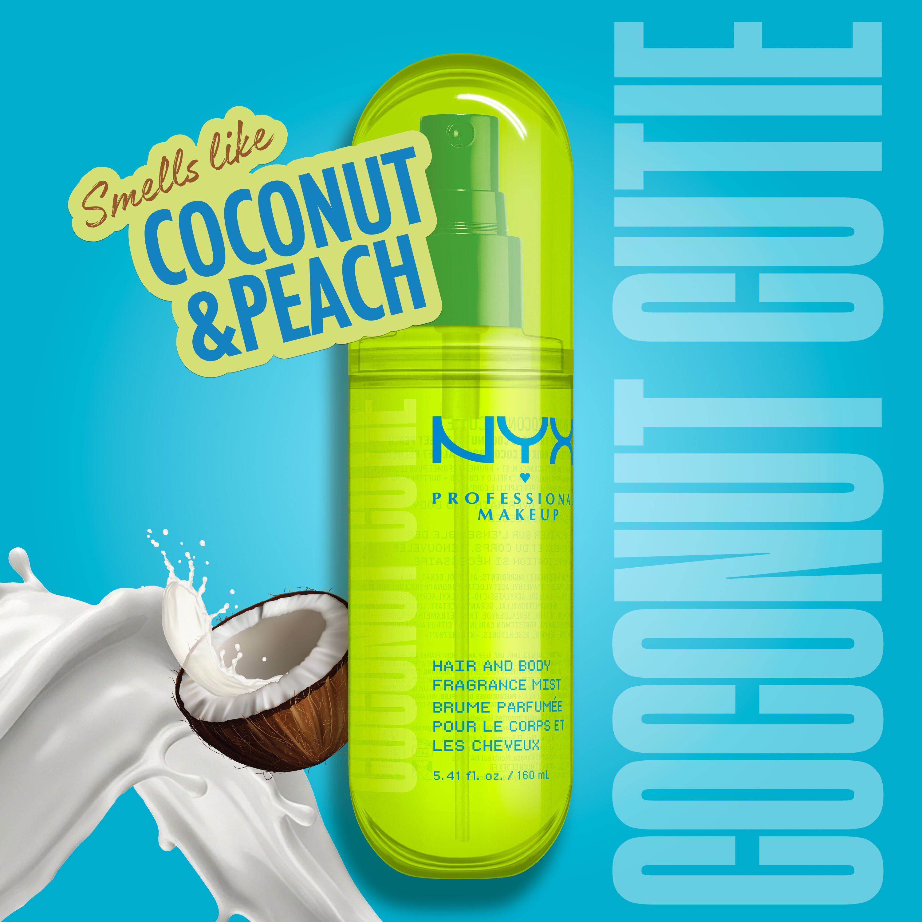 Coconut & peach scent branding info card on blue/teal background shown with bottle of Coconut Cutie Hair & Body Fragrance Mist.
