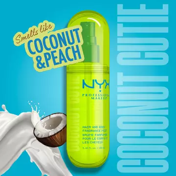 Coconut & peach scent branding info card on blue/teal background shown with bottle of Coconut Cutie Hair & Body Fragrance Mist.
