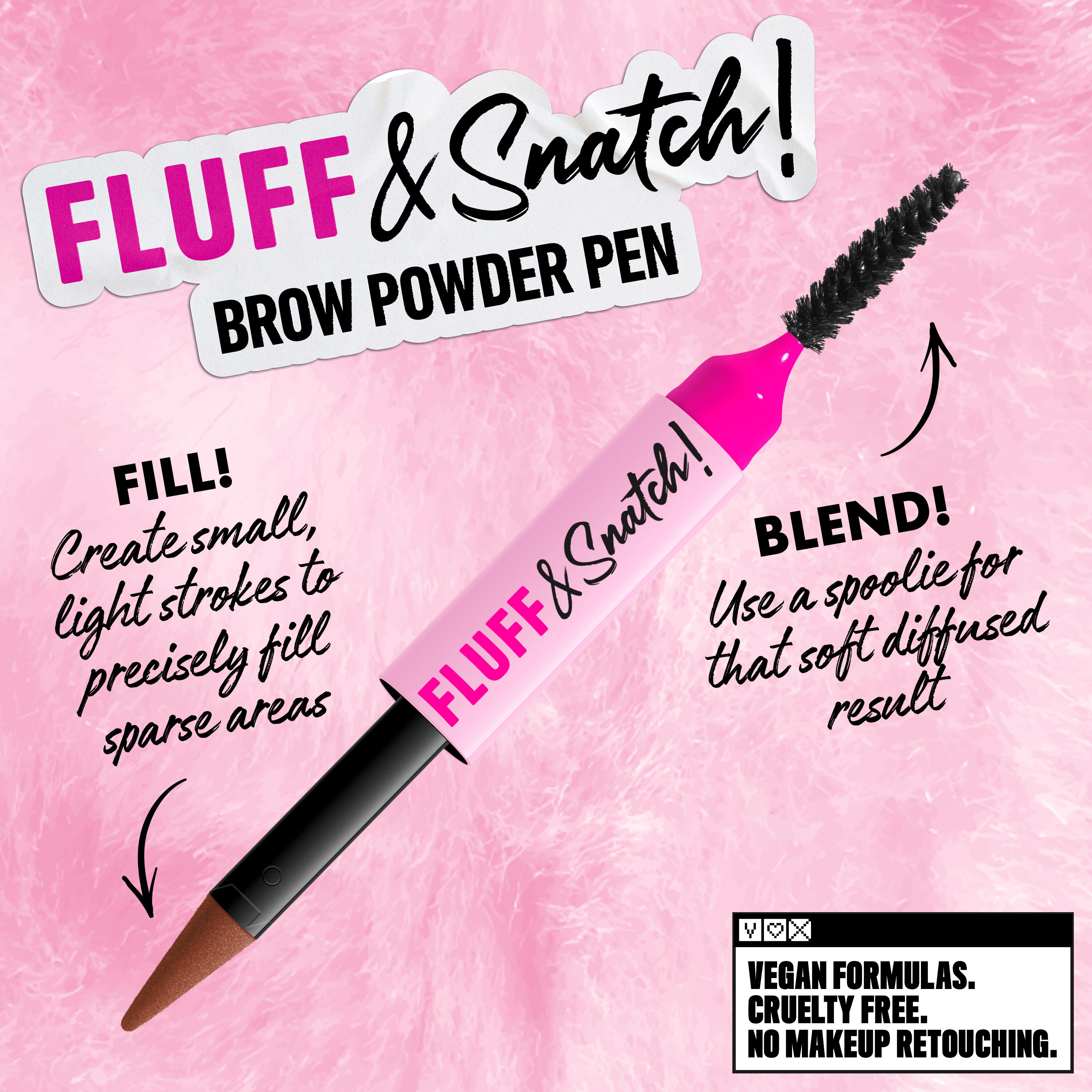 NYX Professional Makeup Fluff and Snatch Brow Powder Pen with fill and blend instructions, pink background in shade03 Auburn