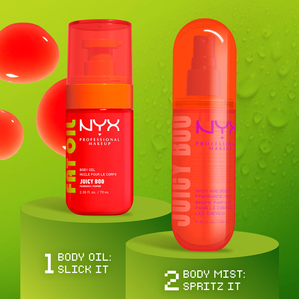 Two NYX Professional Makeup Juicy Boo products on lime green display stands: Fat Oil body oil and hair & body fragrance mist. Text reads: 1 Body Oil: Slick It and 2 Body Mist: Spritz It.