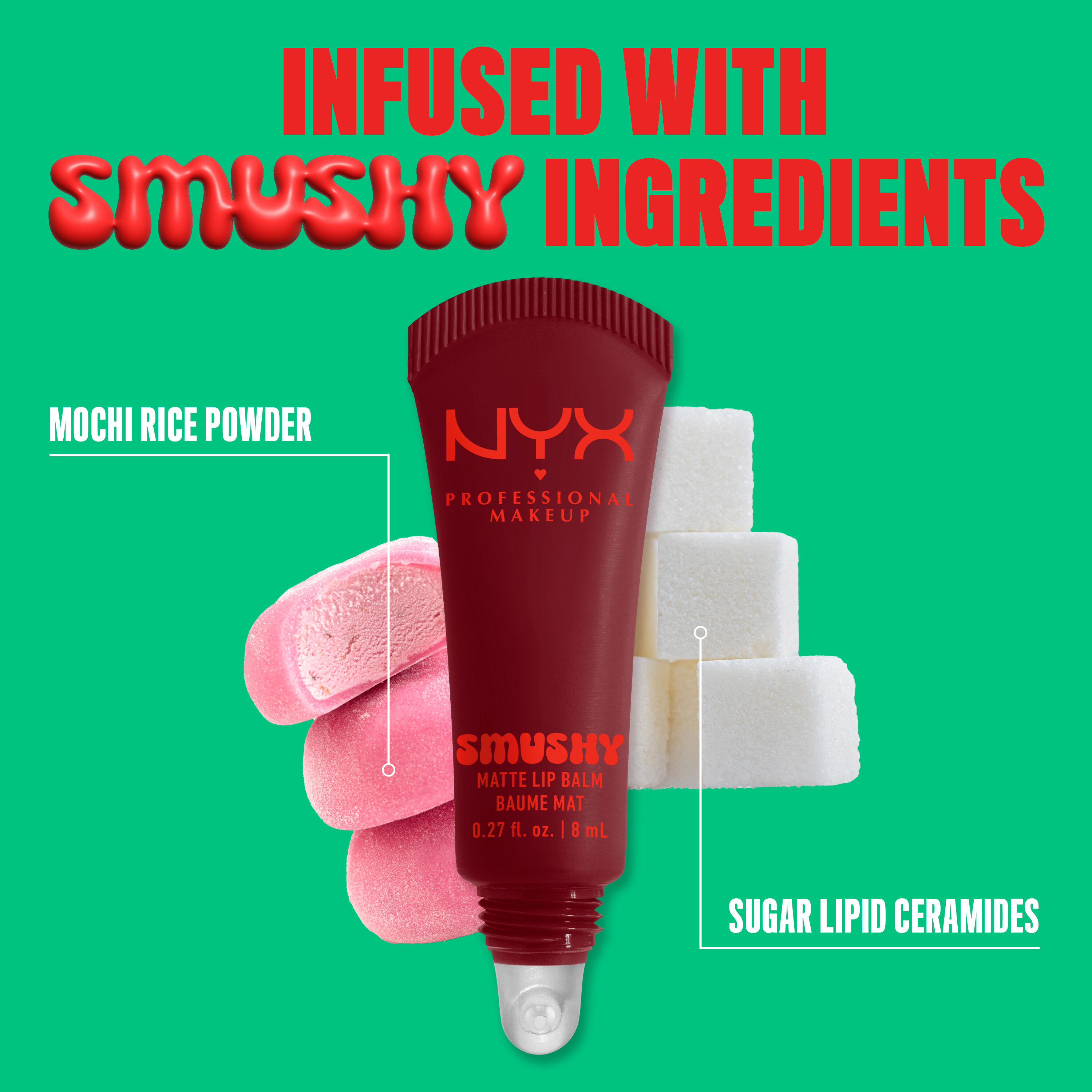 Smushy Matte Lip Balm in shade "Swipe 2 Smooth" with mochi & sugar cubes with text "mochi rice powder" & "sugar lipid ceramides"