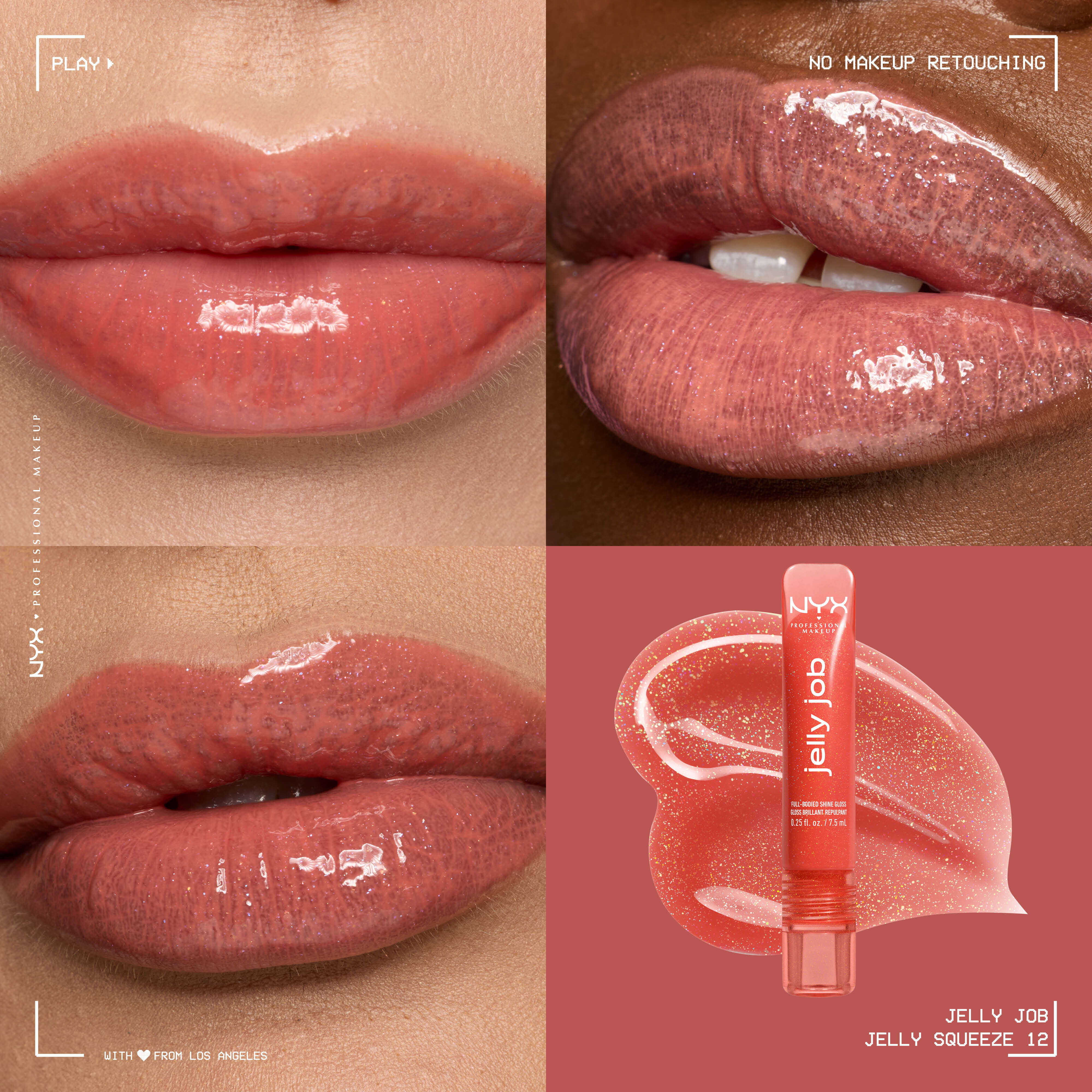 3 models with varying skin tones wearing Jelly Job Jelly Lip Gloss in shade 'Jelly Squeeze', a peach pearl shimmer color
