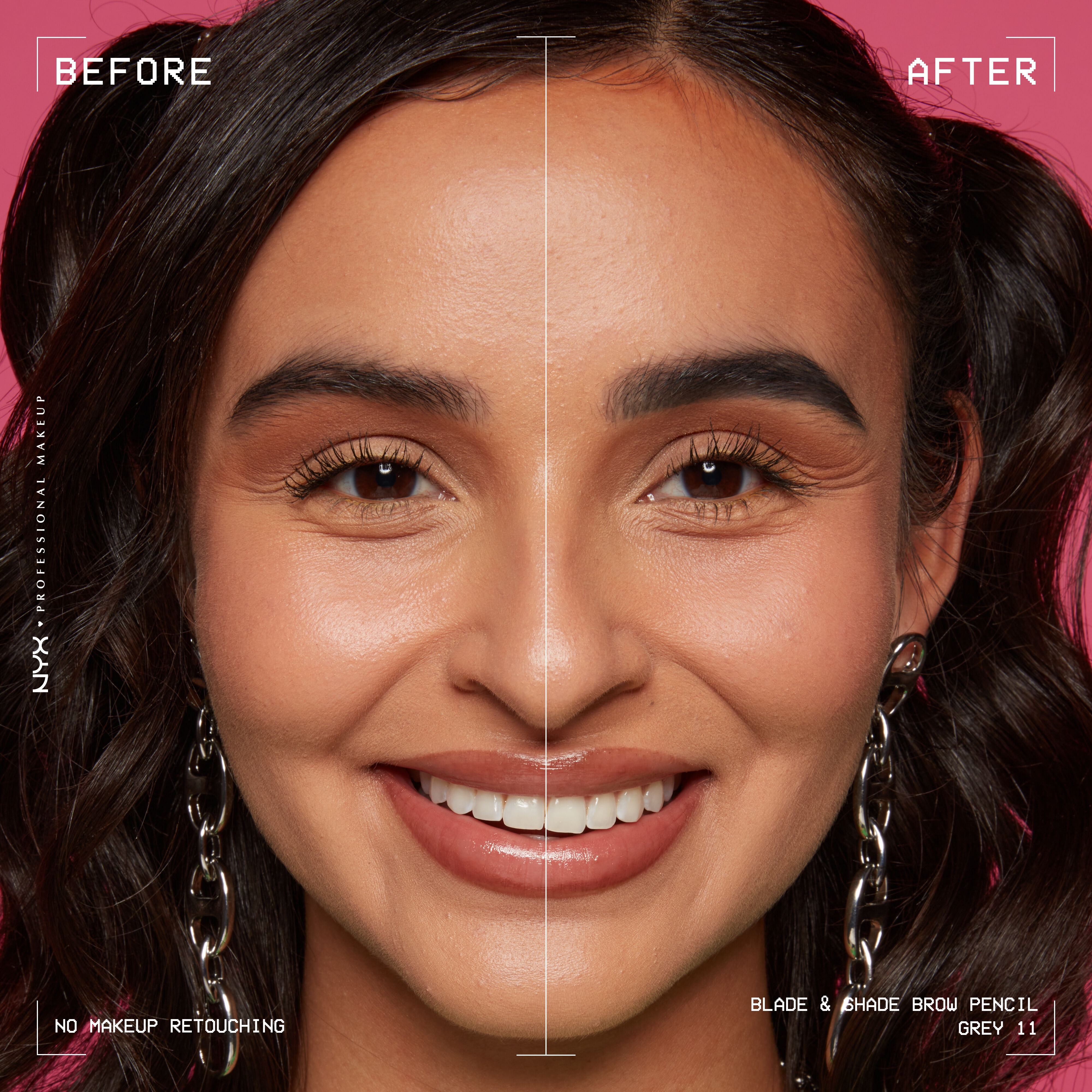 woman facing forward showing before and after of Blade & Shade Nano Brow Pencil on eyebrows