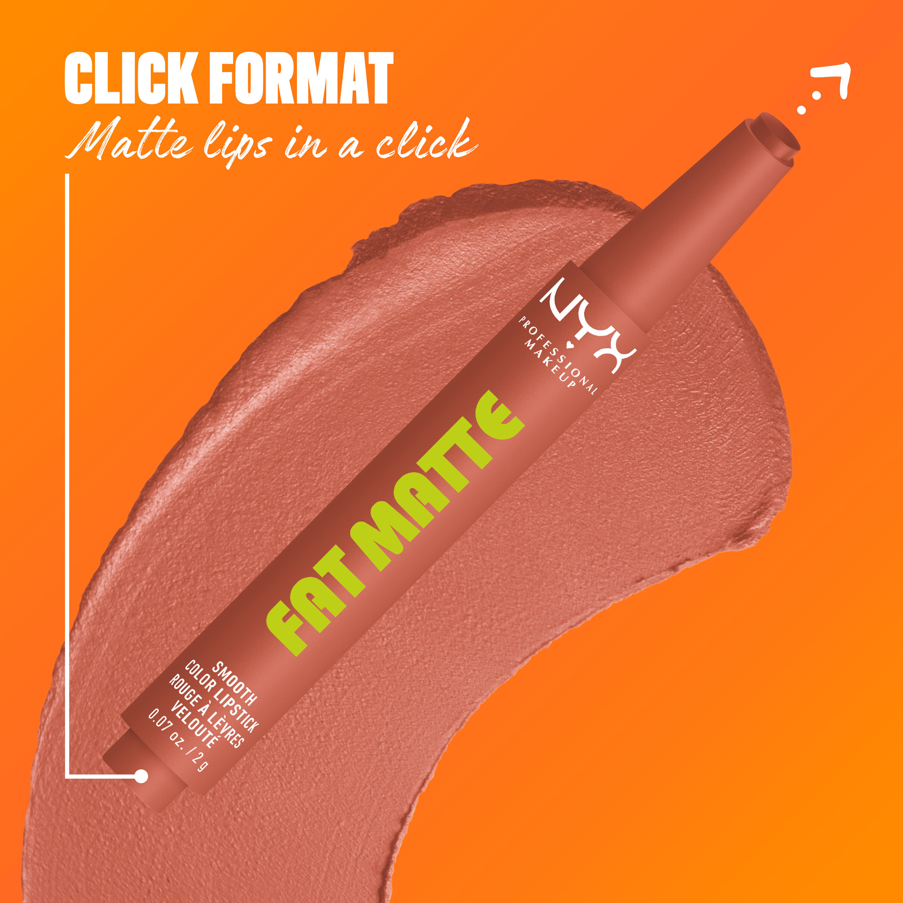 NYX Professional Makeup Fat Matte Smooth Color Lipstick in beige nude shade Cozy Whipped, showing the click-pen applicator format and shade swatch, highlighting easy, mess-free matte lipstick application.