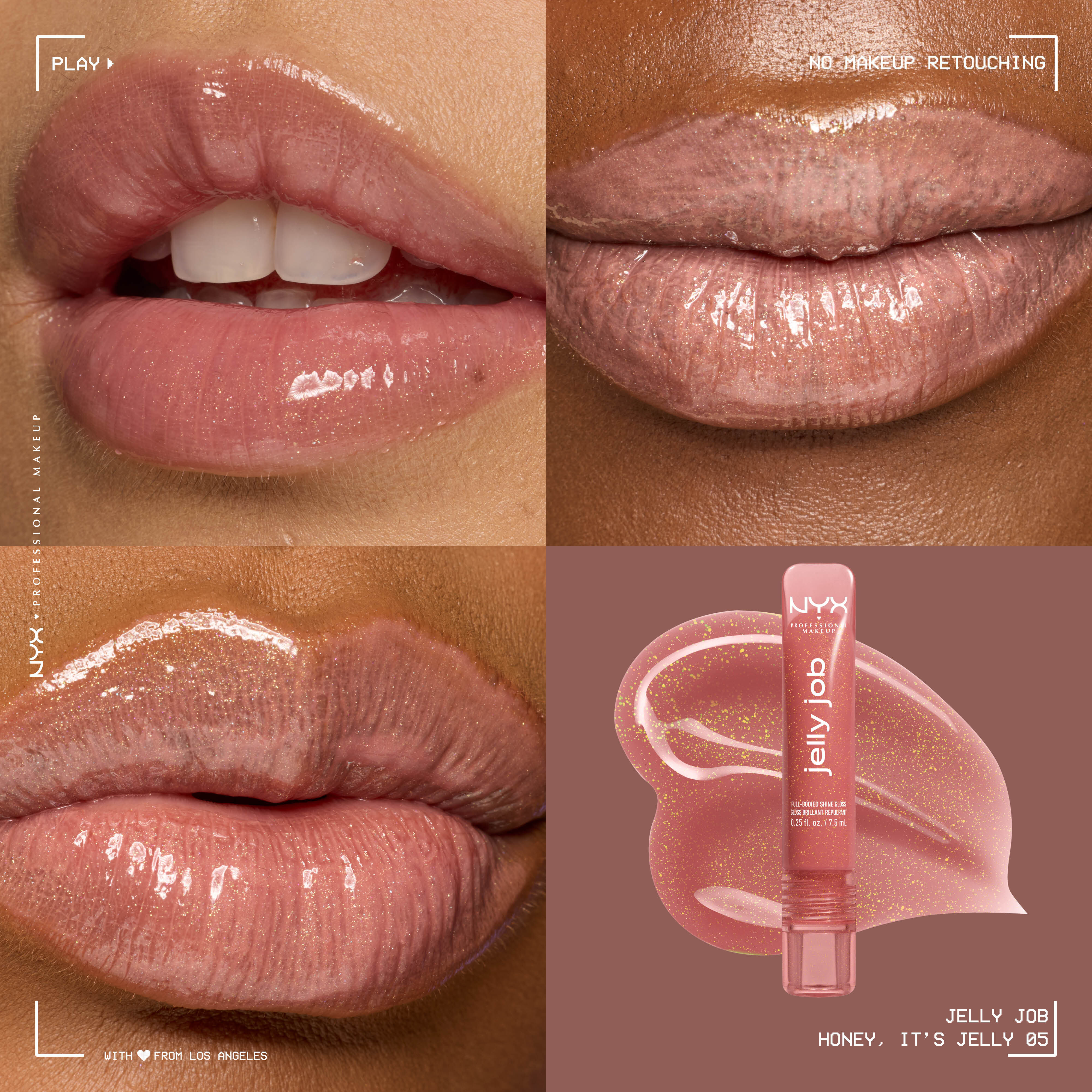 3 models with varying skin tones wearing Jelly Job Jelly Lip Gloss in shade 'Honey, It's Jelly', a nude pearl shimmer color