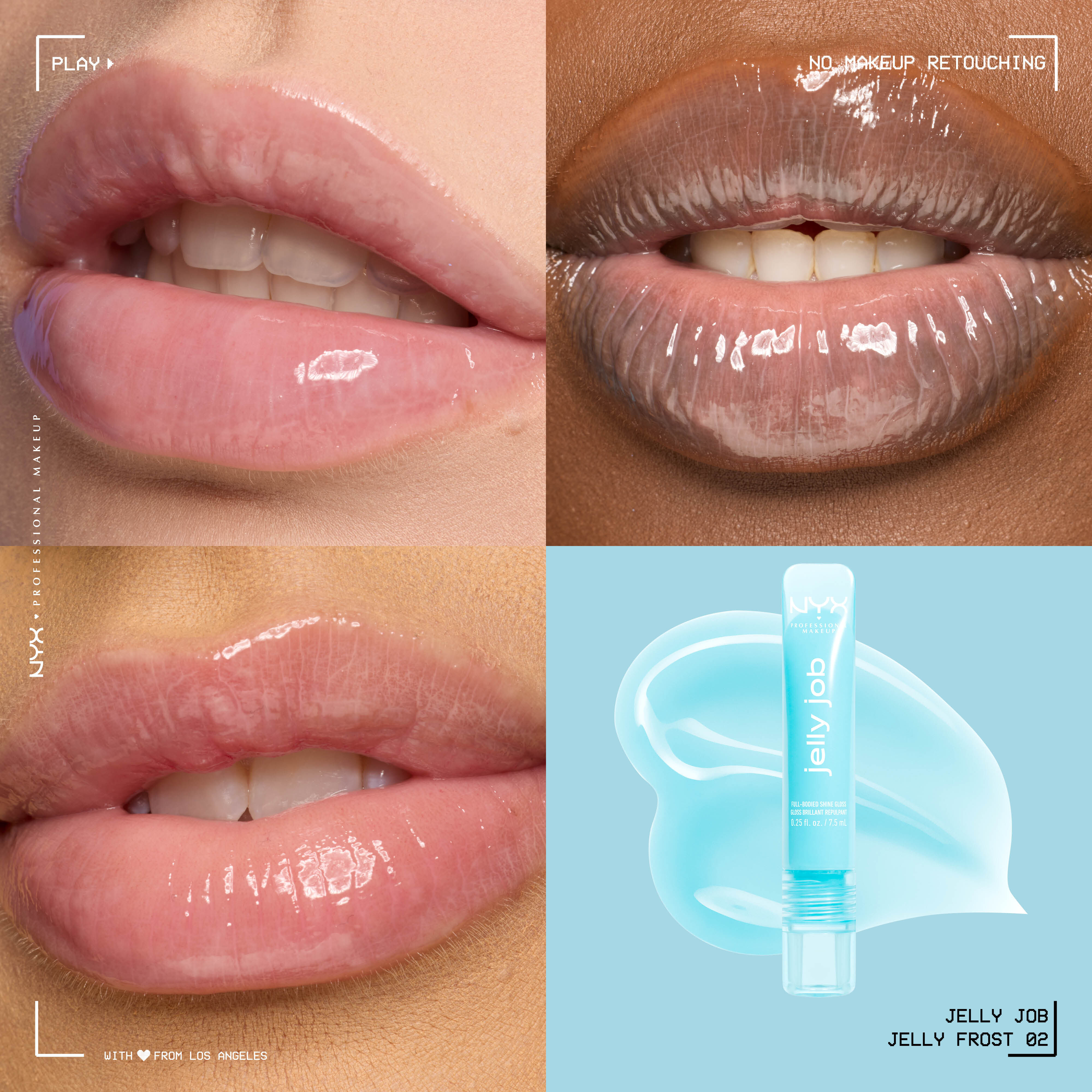 Close up of 3 models with varying skin tones wearing Jelly Job Jelly Lip Gloss in shade 'Jelly Frost', an icy blue color
