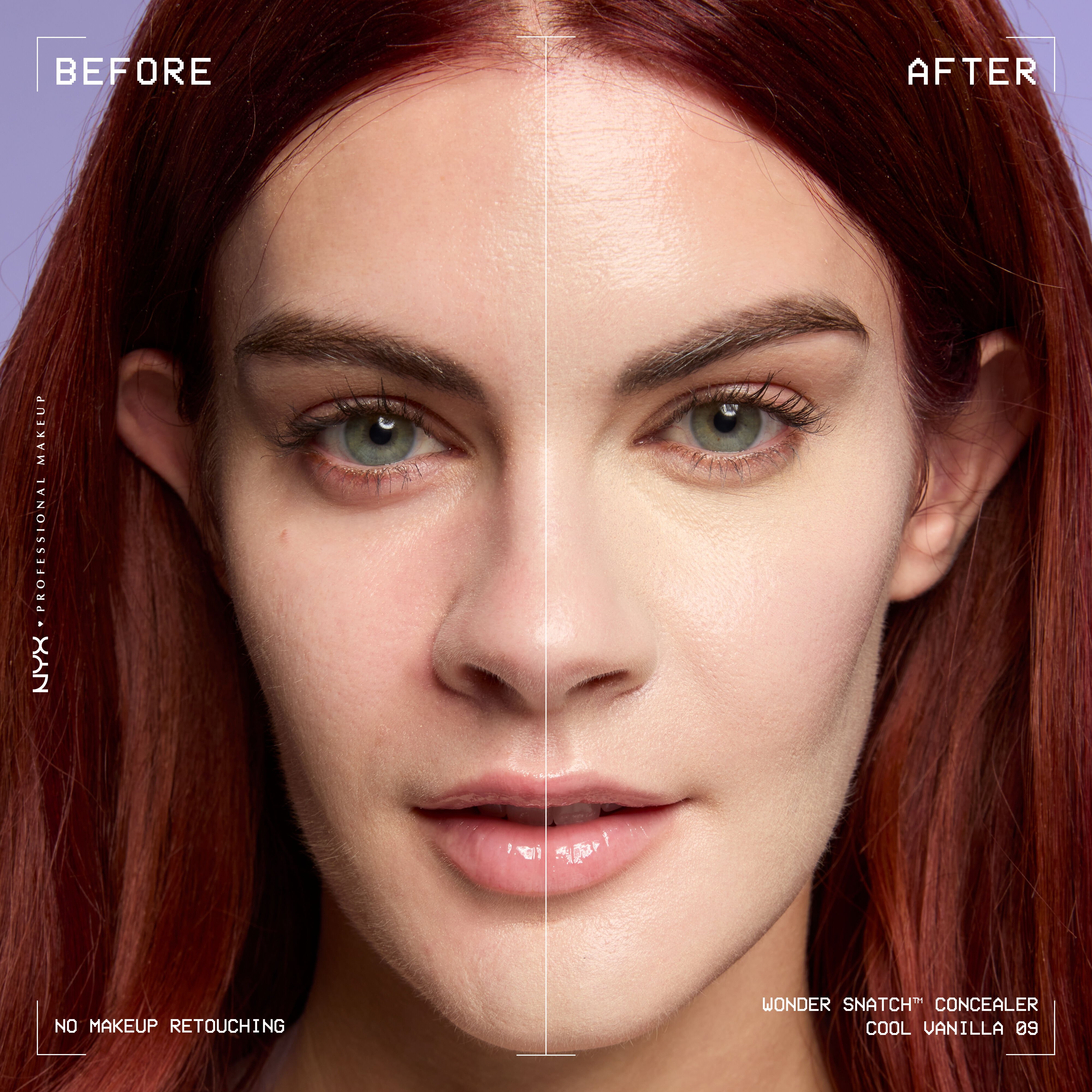 Before-and-after comparison of model wearing Wonder Snatch(TM) Concealer, showing brighter under-eyes and smoother-looking skin.