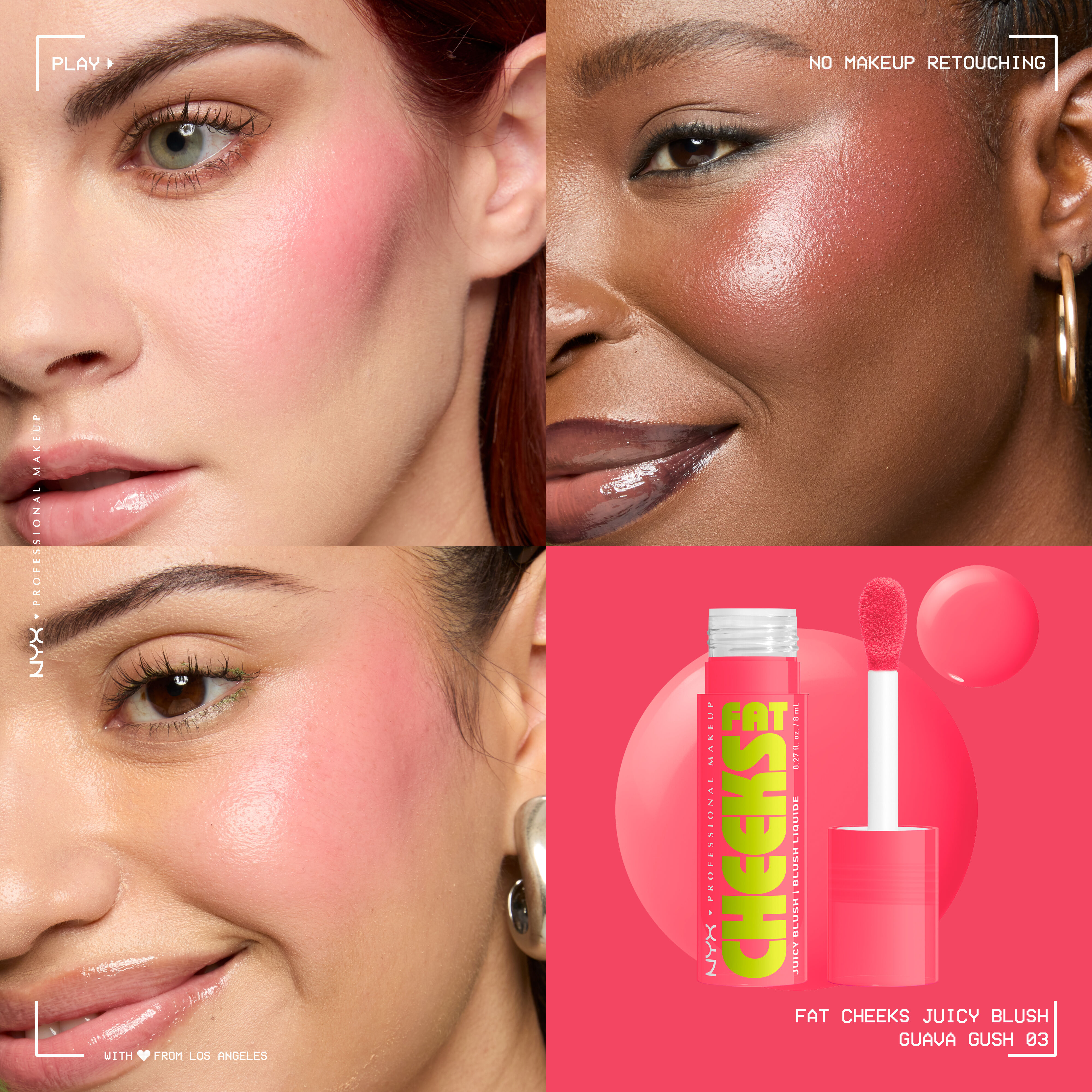 Fat Cheeks Juicy Blush liquid blush in shade Guava Gush on three different models along with packshot of blush