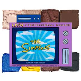 NYX The Simpsons Family Color Palette packshot with eyeshadow swatches in blue, yellow, brown, and purple on a white background.