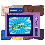 NYX The Simpsons Family Color Palette packshot with eyeshadow swatches in blue, yellow, brown, and purple on a white background.