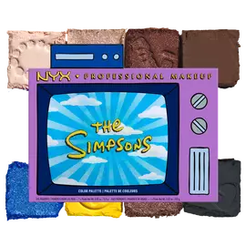 NYX The Simpsons Family Color Palette packshot with eyeshadow swatches in blue, yellow, brown, and purple on a white background.
