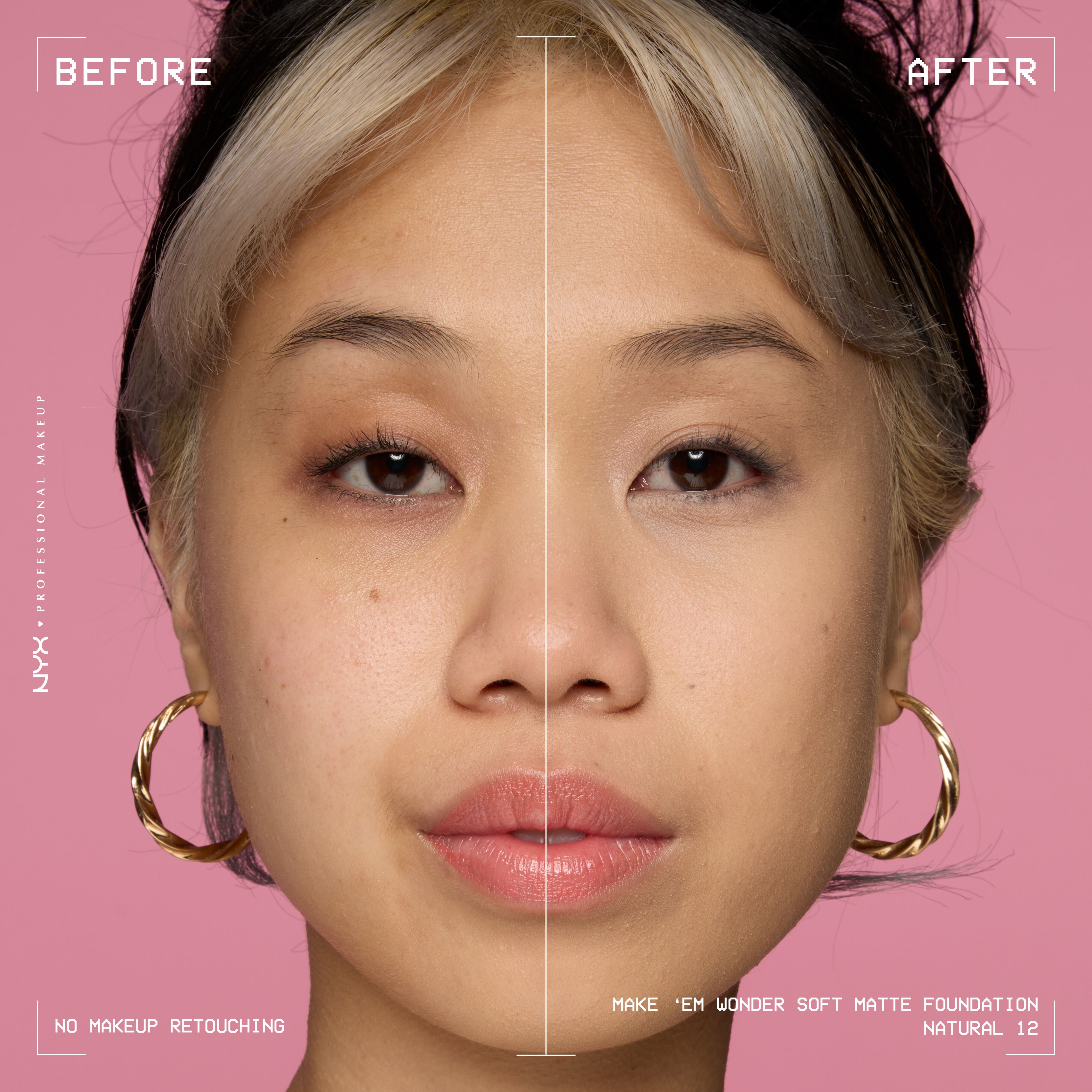 Before-and-after model wearing NYX Make ’Em Wonder Foundation shade 12 Natural, text overlay “Before / After.”
