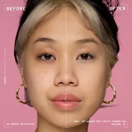 Before-and-after model wearing NYX Make ’Em Wonder Foundation shade 12 Natural, text overlay “Before / After.”