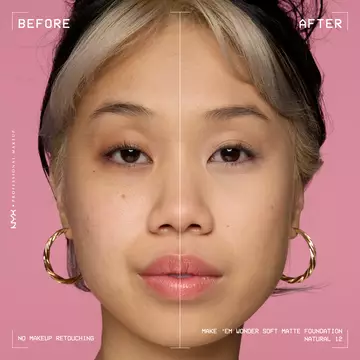 Before-and-after model wearing NYX Make ’Em Wonder Foundation shade 12 Natural, text overlay “Before / After.”
