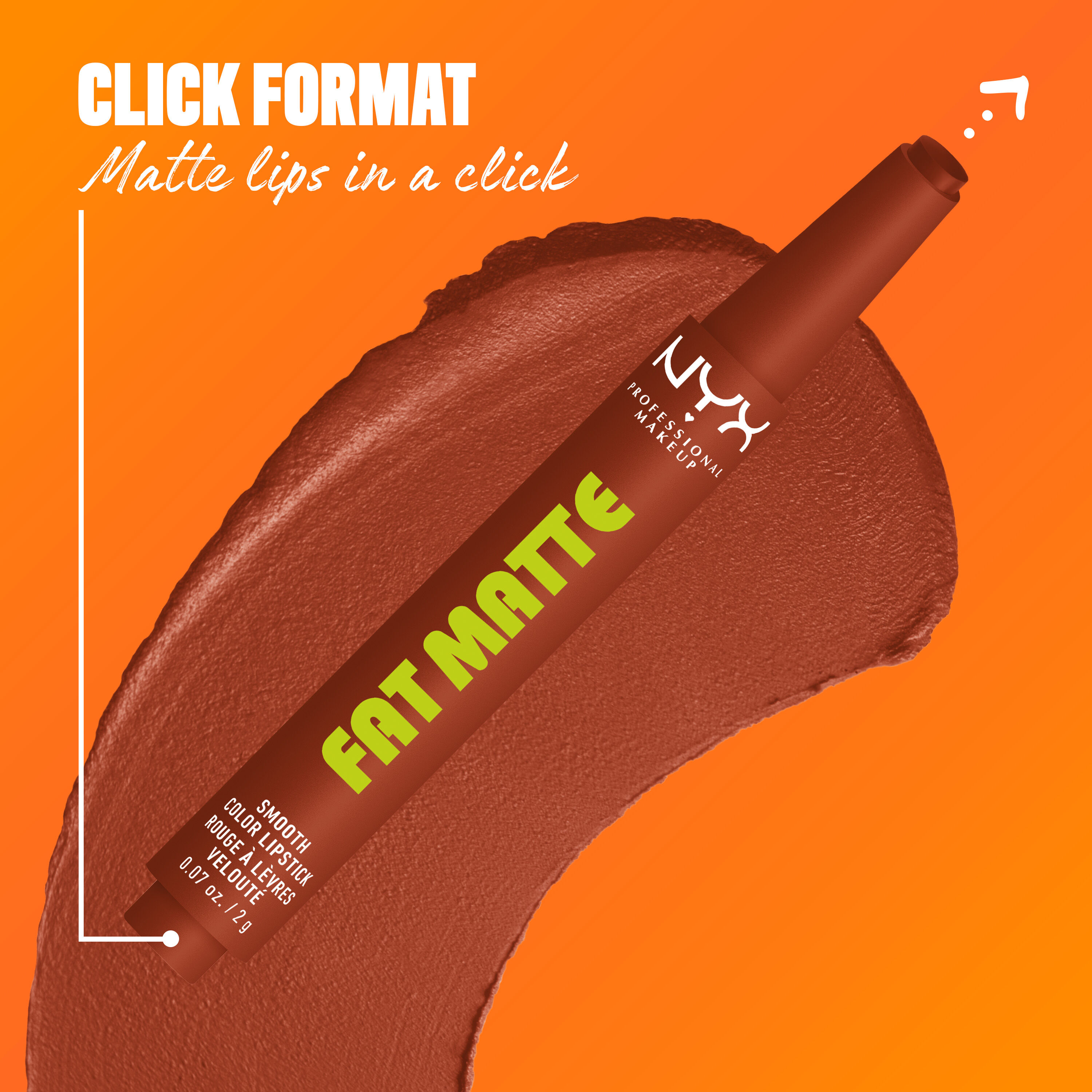 NYX Professional Makeup Fat Matte Smooth Color Lipstick in warm brown shade Beary Nude, showing the click-pen applicator format and shade swatch, highlighting easy, mess-free matte lipstick application.