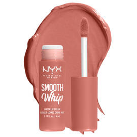 Smooth Whip Matte Lip Cream open tube on white background & dark green blue lip cream smear