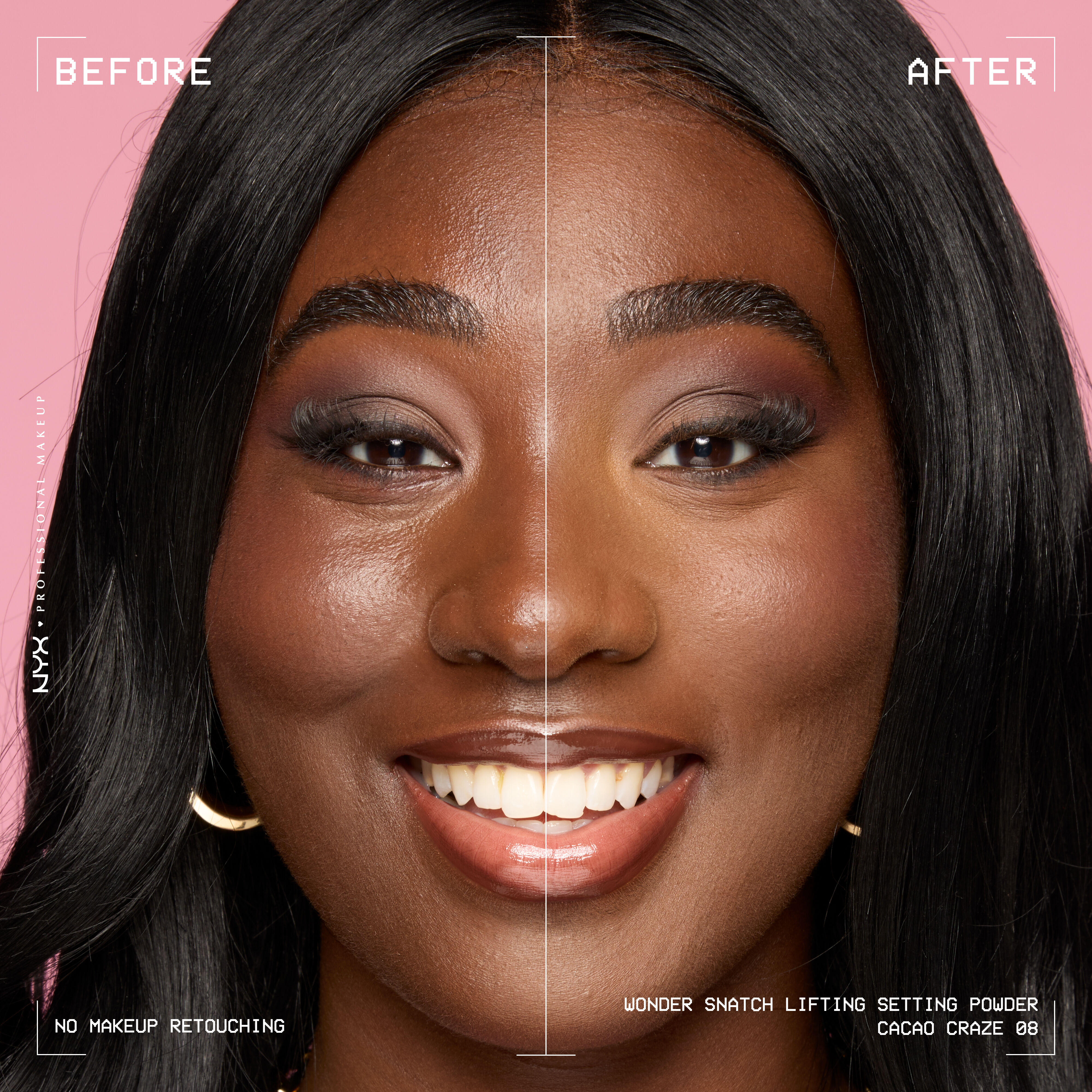 Smiling model before and after applying Wonder Snatch Loose Setting Powder in translucent deep shade Cacao Craze