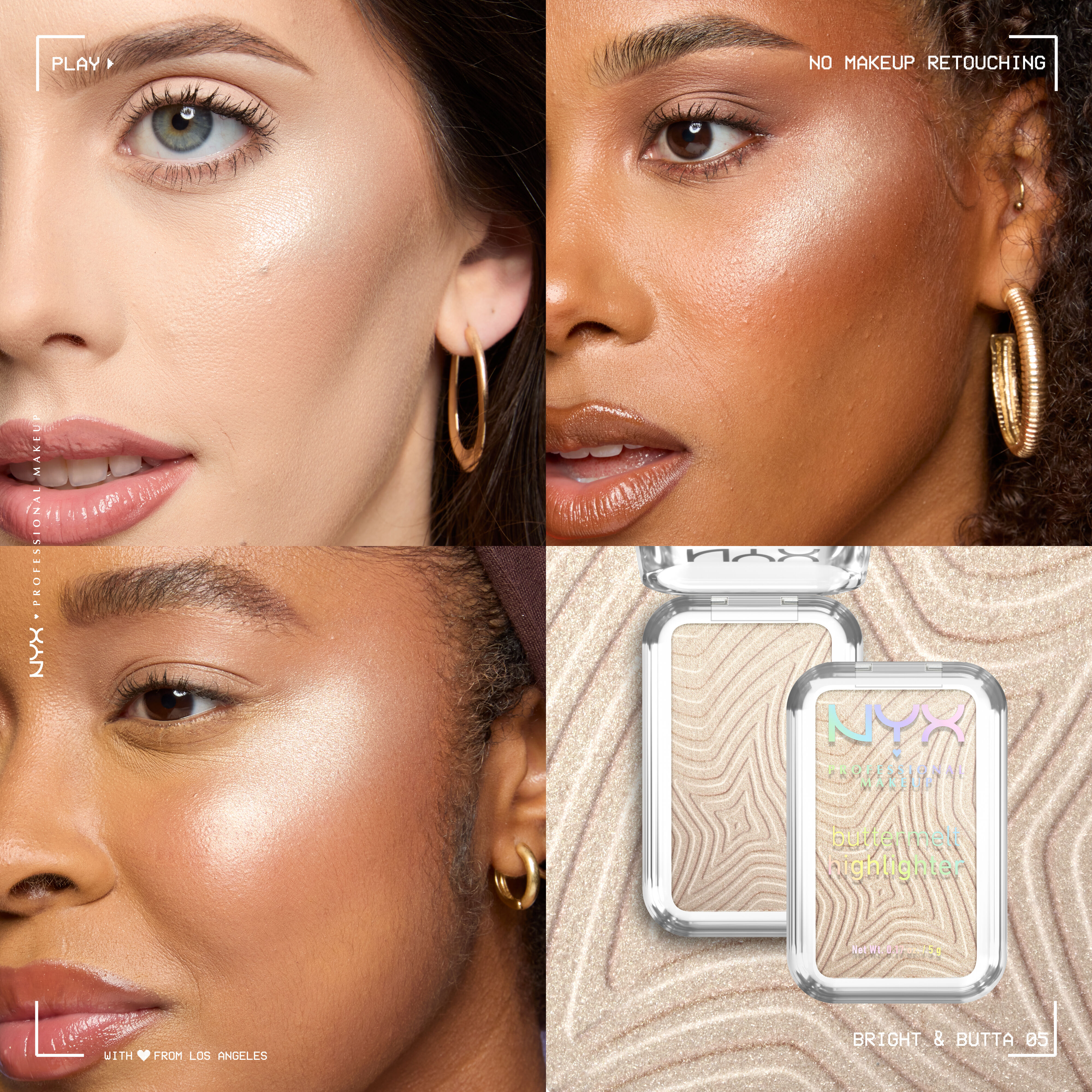A collage with 3 models with different skintones wearing Buttermelt Highlighter in shade Bright & Butta and a packshot