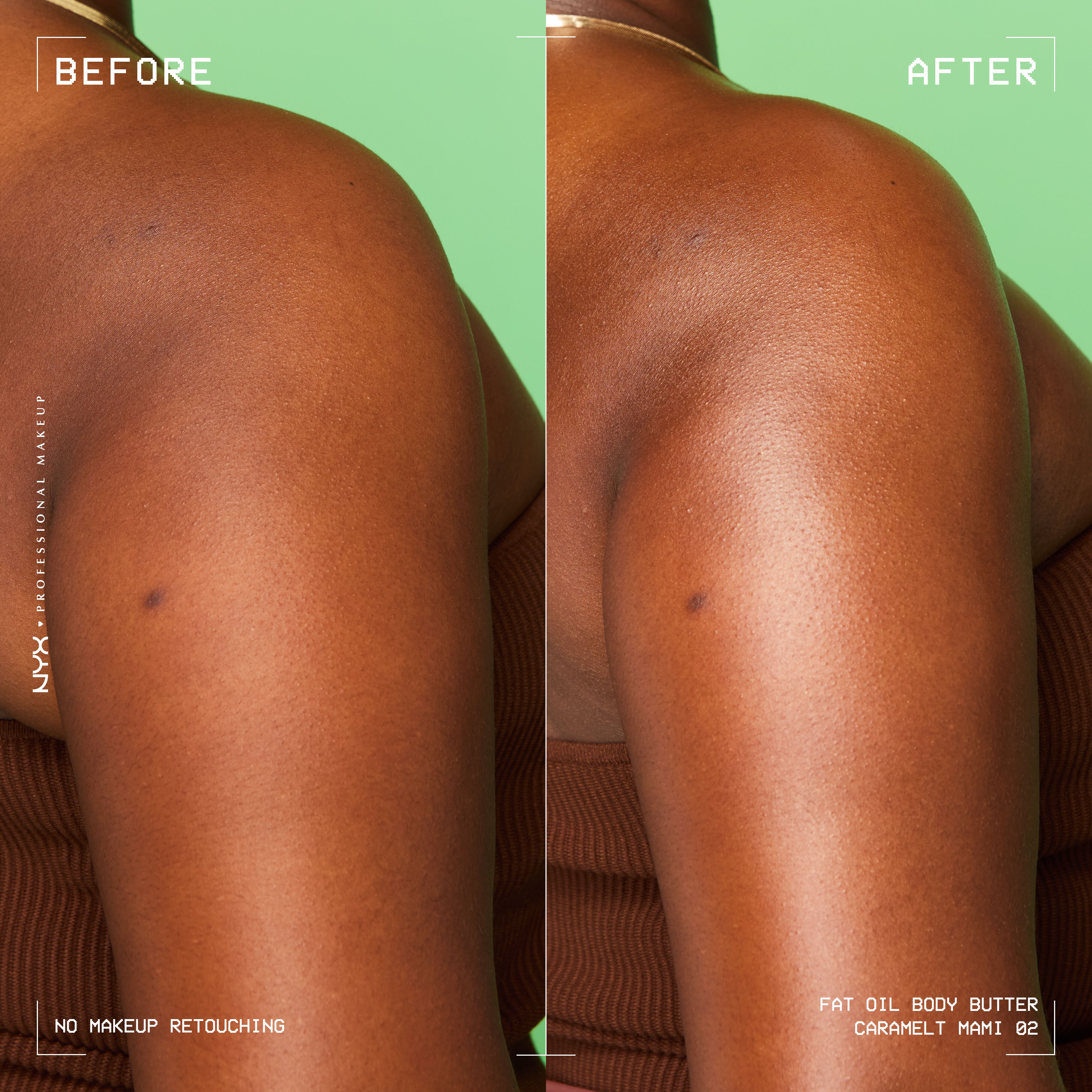 Model's upper back with Caramelt Mami Body Butter applied showing golden shimmer glow on lime green background
