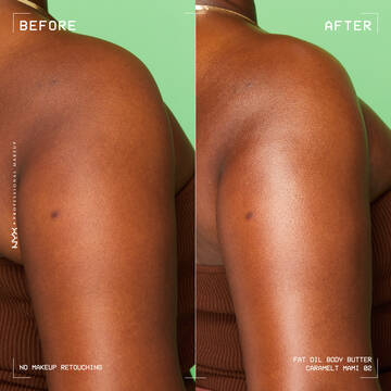 Model's upper back with Caramelt Mami Body Butter applied showing golden shimmer glow on lime green background
