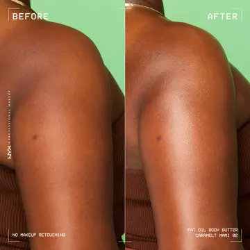 Model's upper back with Caramelt Mami Body Butter applied showing golden shimmer glow on lime green background