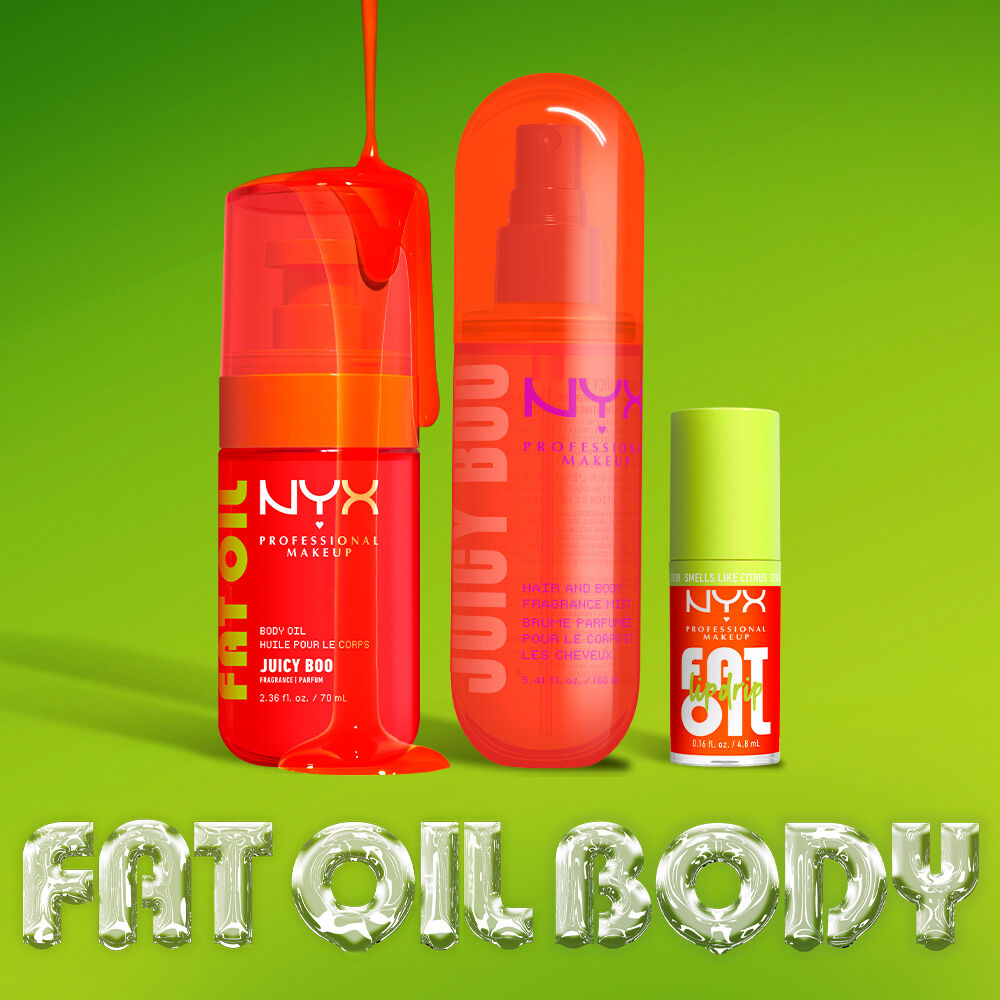 Three NYX Professional Makeup Juicy Boo products on a lime green background: Fat Oil body oil, hair & body fragrance mist, and Fat Oil Lip Drip. Text reads: Fat Oil Body.