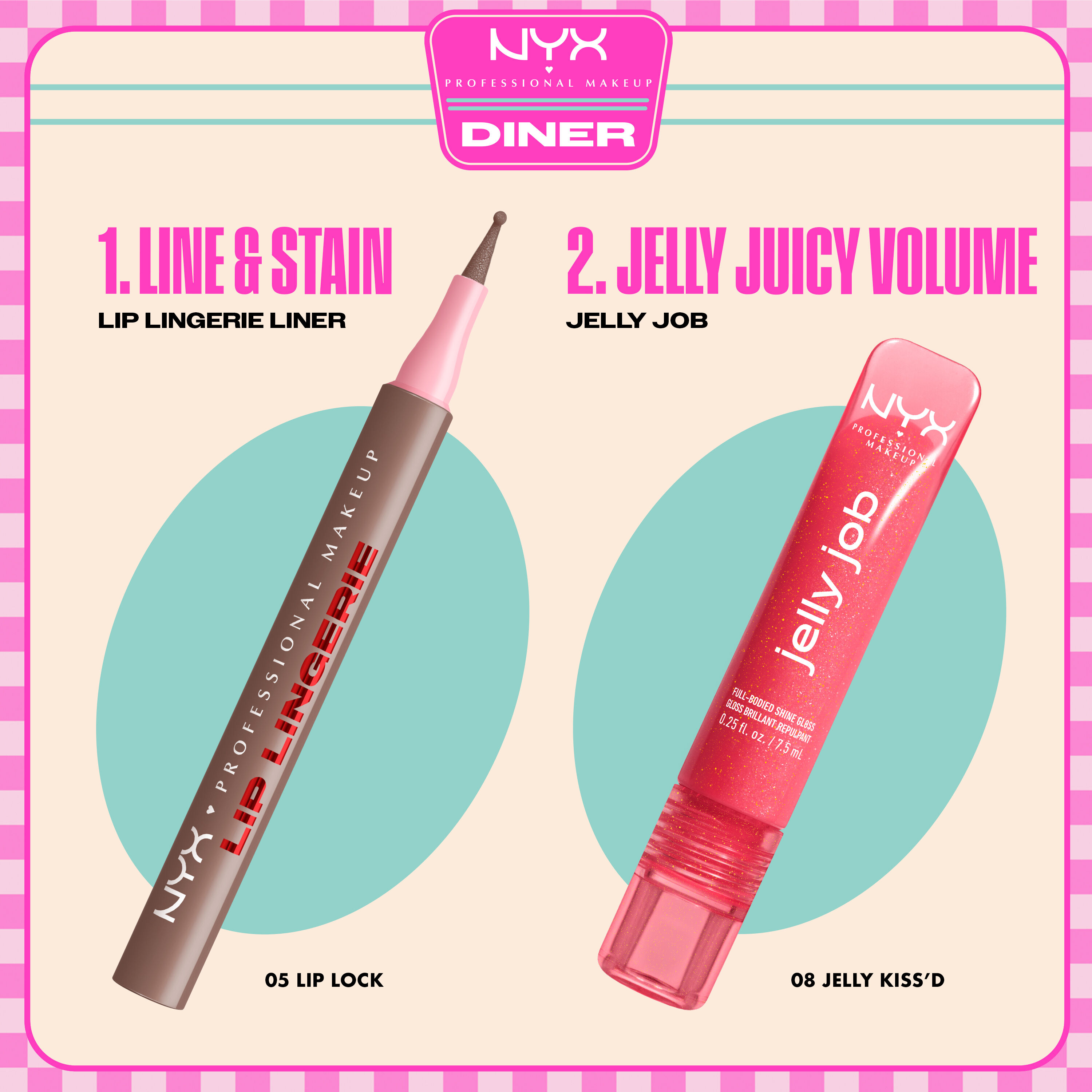 NYX Professional Makeup Lip Lingerie Lip Liner Stain in 05 Lip Lock and Jelly Job Full Bodied Shine Gloss in 08 Jelly Kiss’d shown as a two-step lip routine.