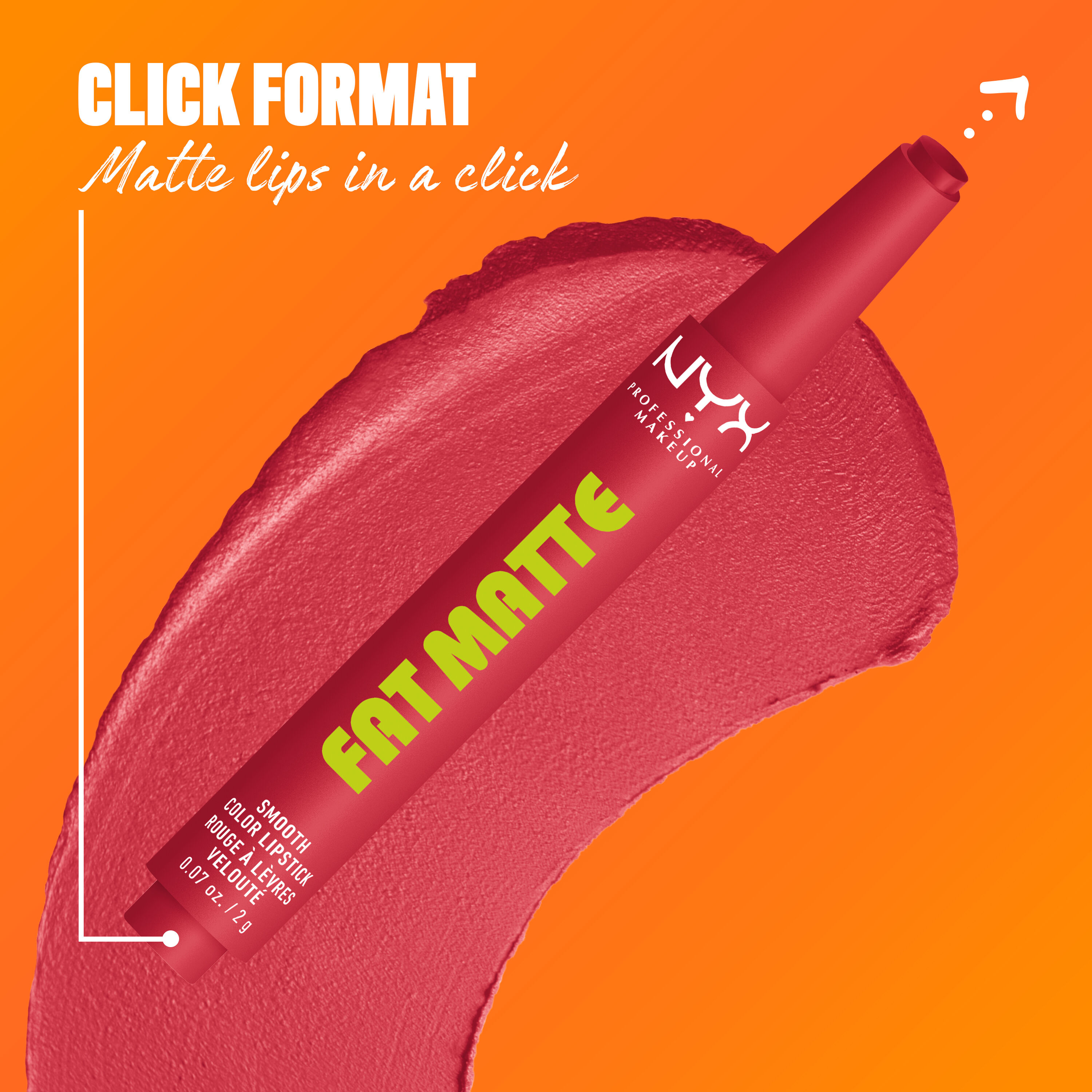 NYX Professional Makeup Fat Matte Smooth Color Lipstick in warm pink shade Flamingo Feather, showing the click-pen applicator format and shade swatch, highlighting easy, mess-free matte lipstick application.