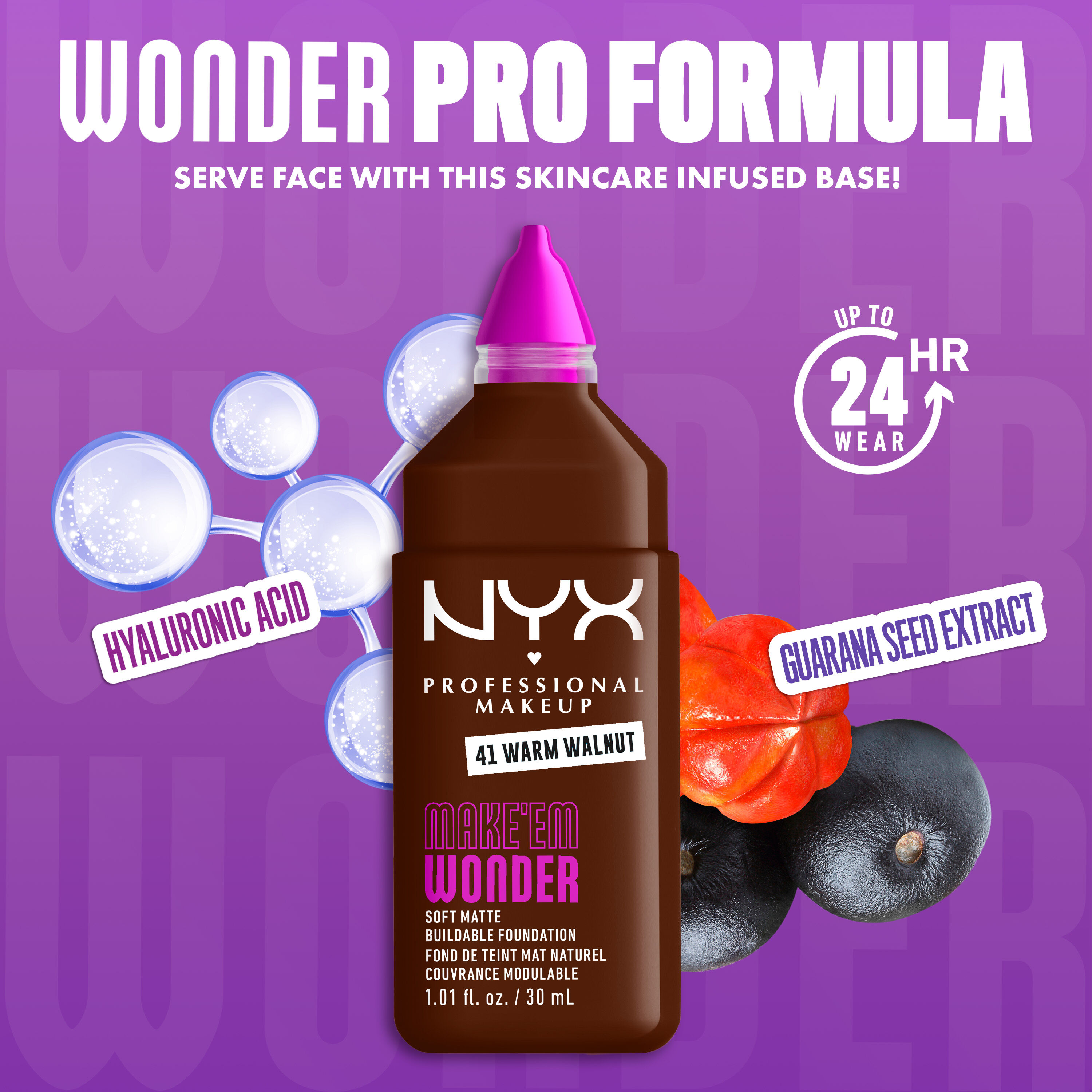 NYX Make ’Em Wonder Foundation shade 41 Warm Walnut with text overlay “Wonder Pro Formula,” featuring hyaluronic acid and guarana seed extract.