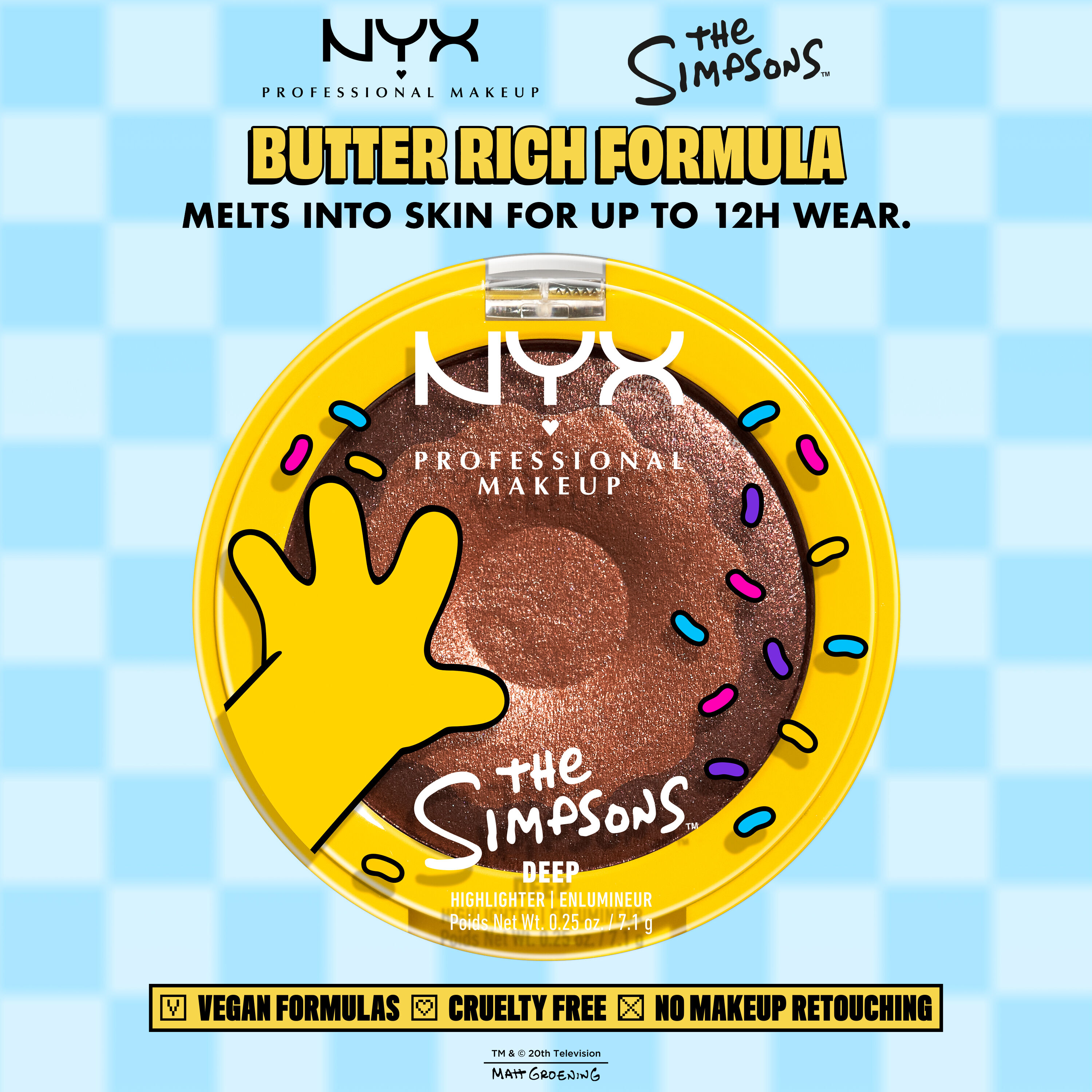 NYX Professional Makeup The Simpsons highlighter packshot with donut-themed packaging and product benefits text on a blue checkered background 02 Glazed Over