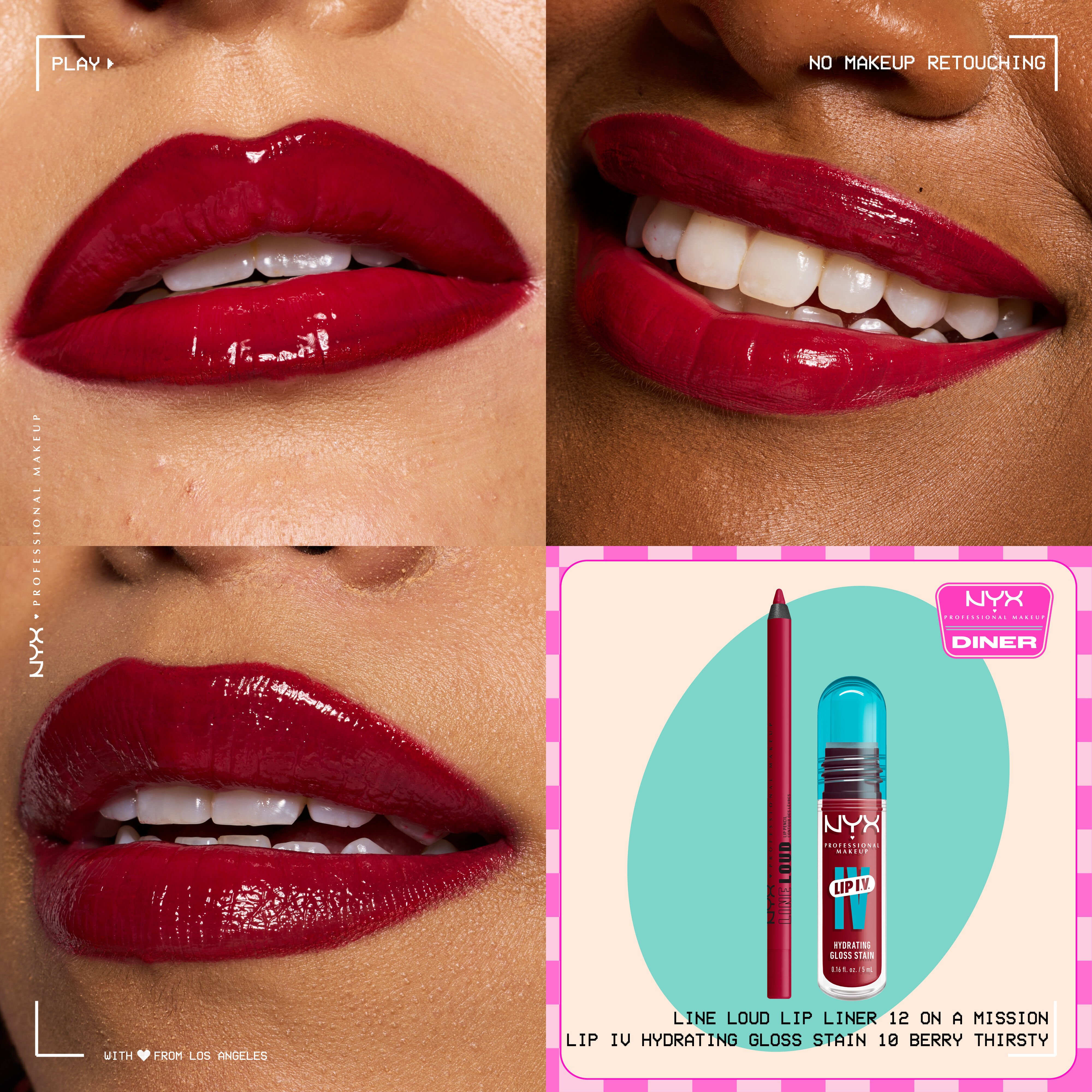 NYX Professional Makeup Line Loud Lip Liner in 12 On A Mission and Lip I.V. Hydrating Lip Gloss Stain shown on three lip close-ups with a small product duo packshot.