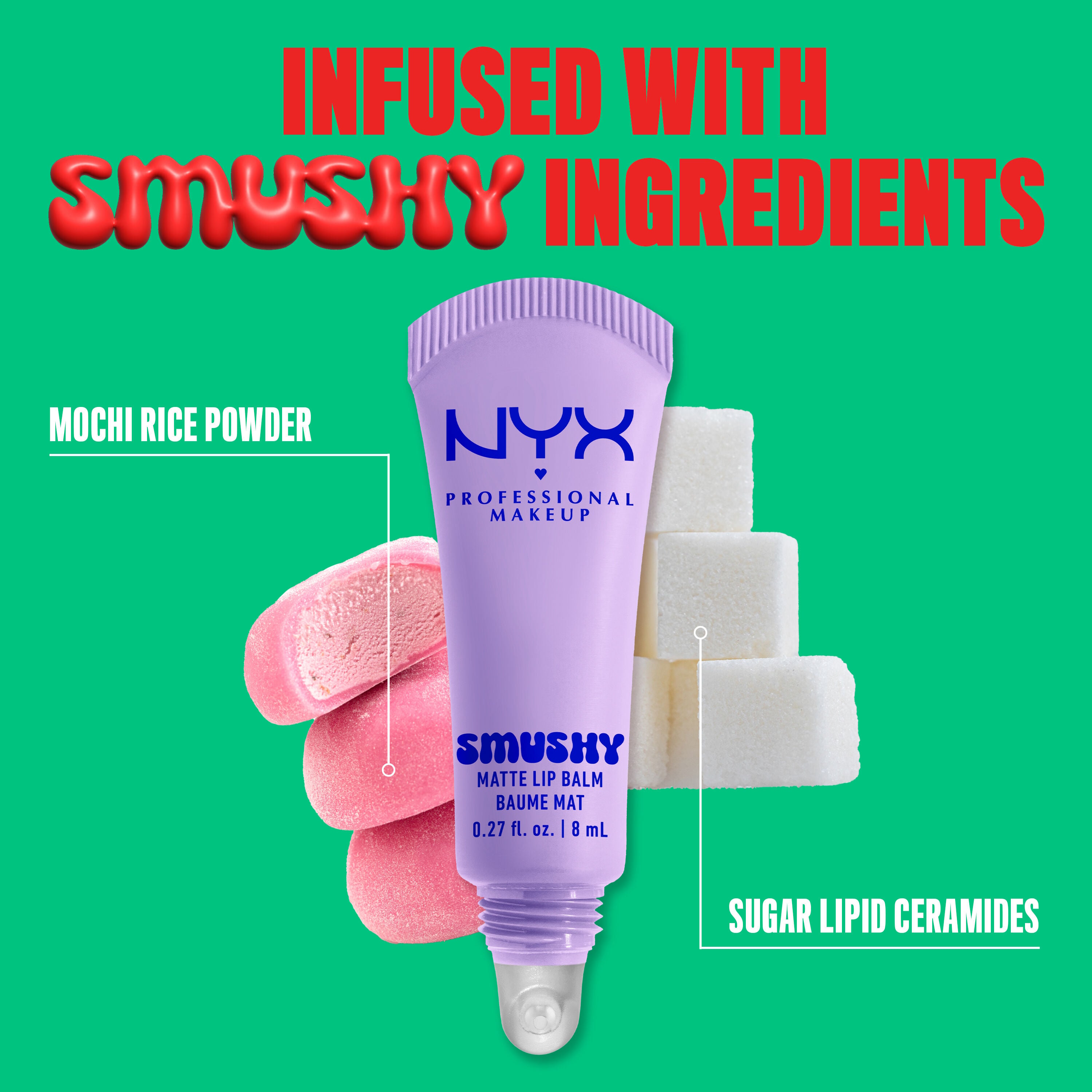 Smushy Matte Lip Balm in clear shade with mochi & sugar cubes with text "mochi rice powder" and "sugar lipid ceramides"