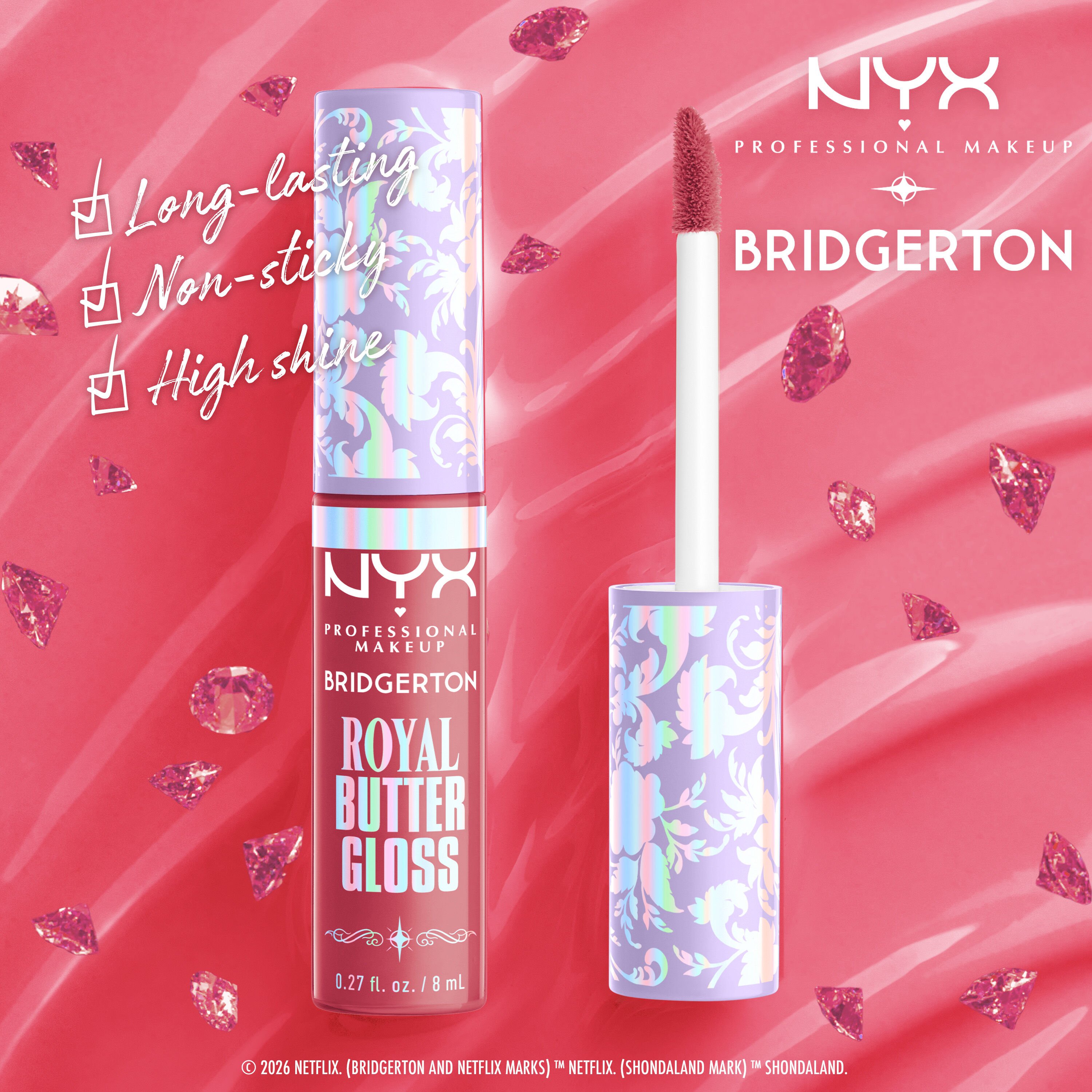 NYX Royal Butter Gloss displayed with applicator wand, highlighting benefits like long-lasting, non-sticky, and high shine in shade Peony Passion, Cupid's Secret