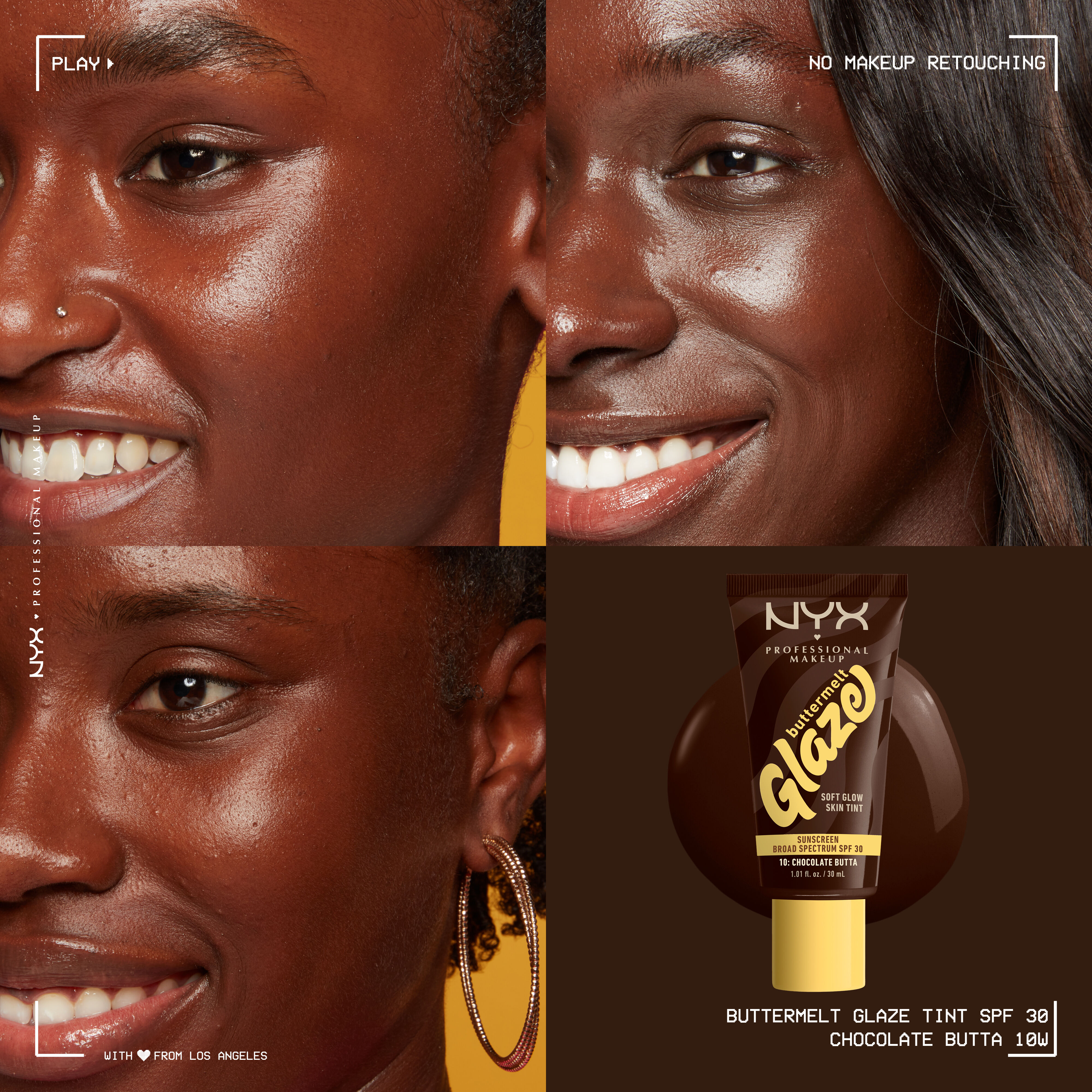 closeups of three models wearing Buttermelt Glaze Skin Tint with SPF 30 with bottle