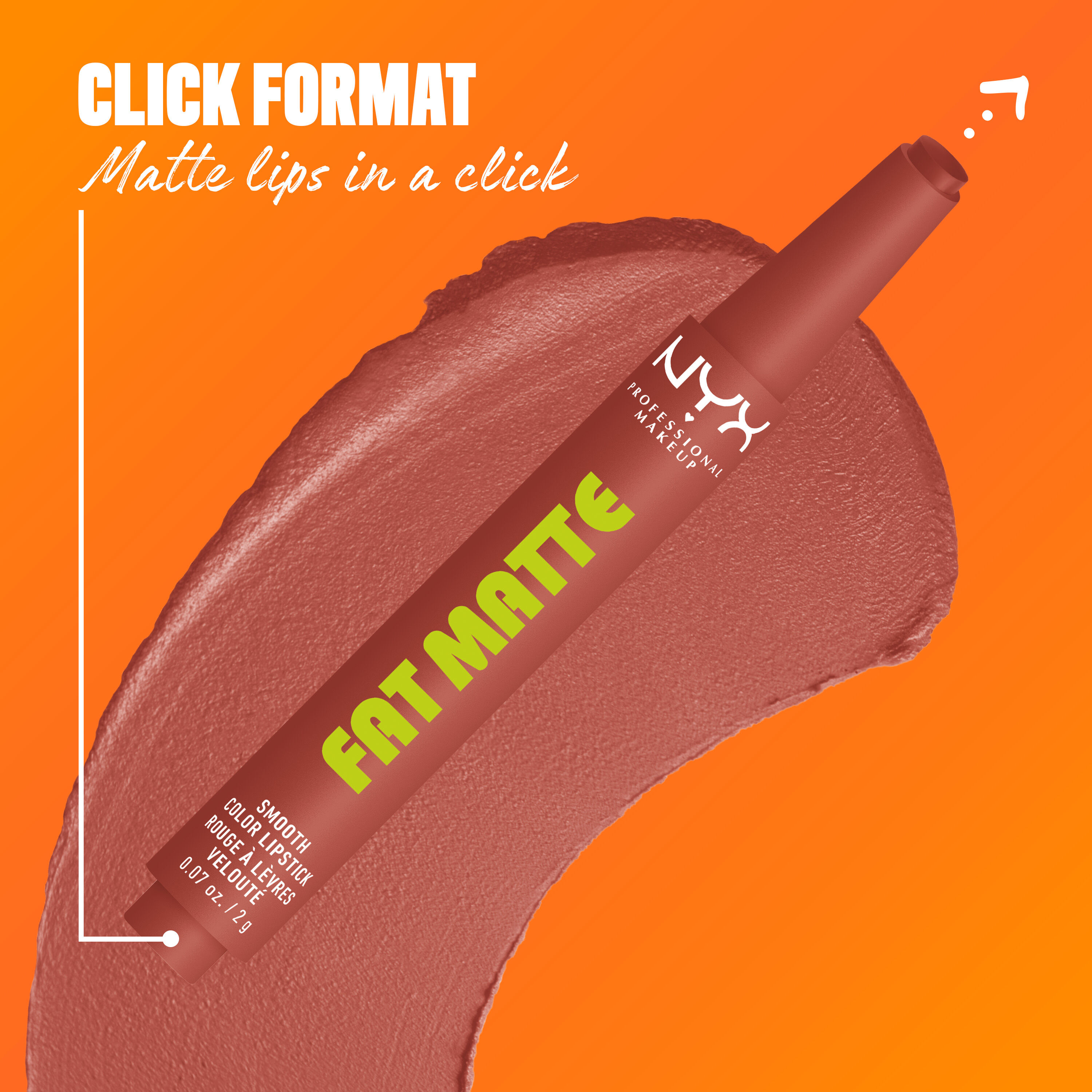 NYX Professional Makeup Fat Matte Smooth Color Lipstick in rose nude shade Rose Robe, showing the click-pen applicator format and shade swatch, highlighting easy, mess-free matte lipstick application.