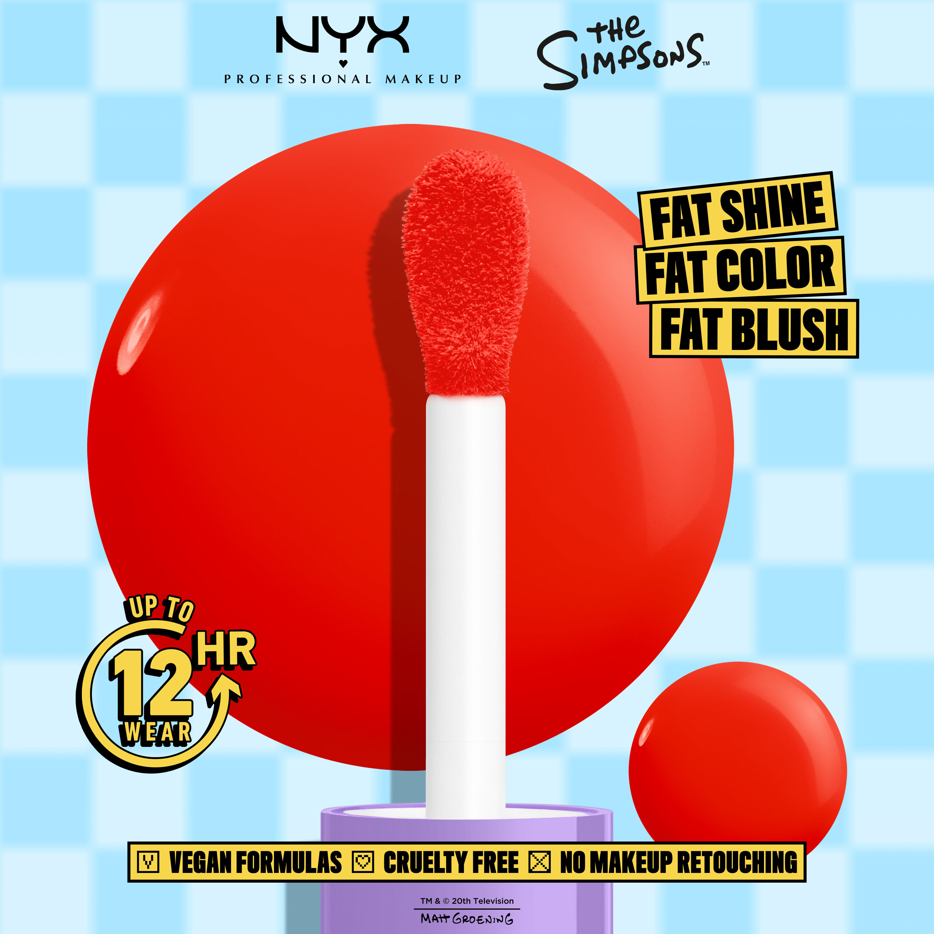 NYX Professional Makeup The Simpsons Fat Blush packshot with red blush swatch and product benefits text on a blue checkered background in shade 01 Snarky Scarlet