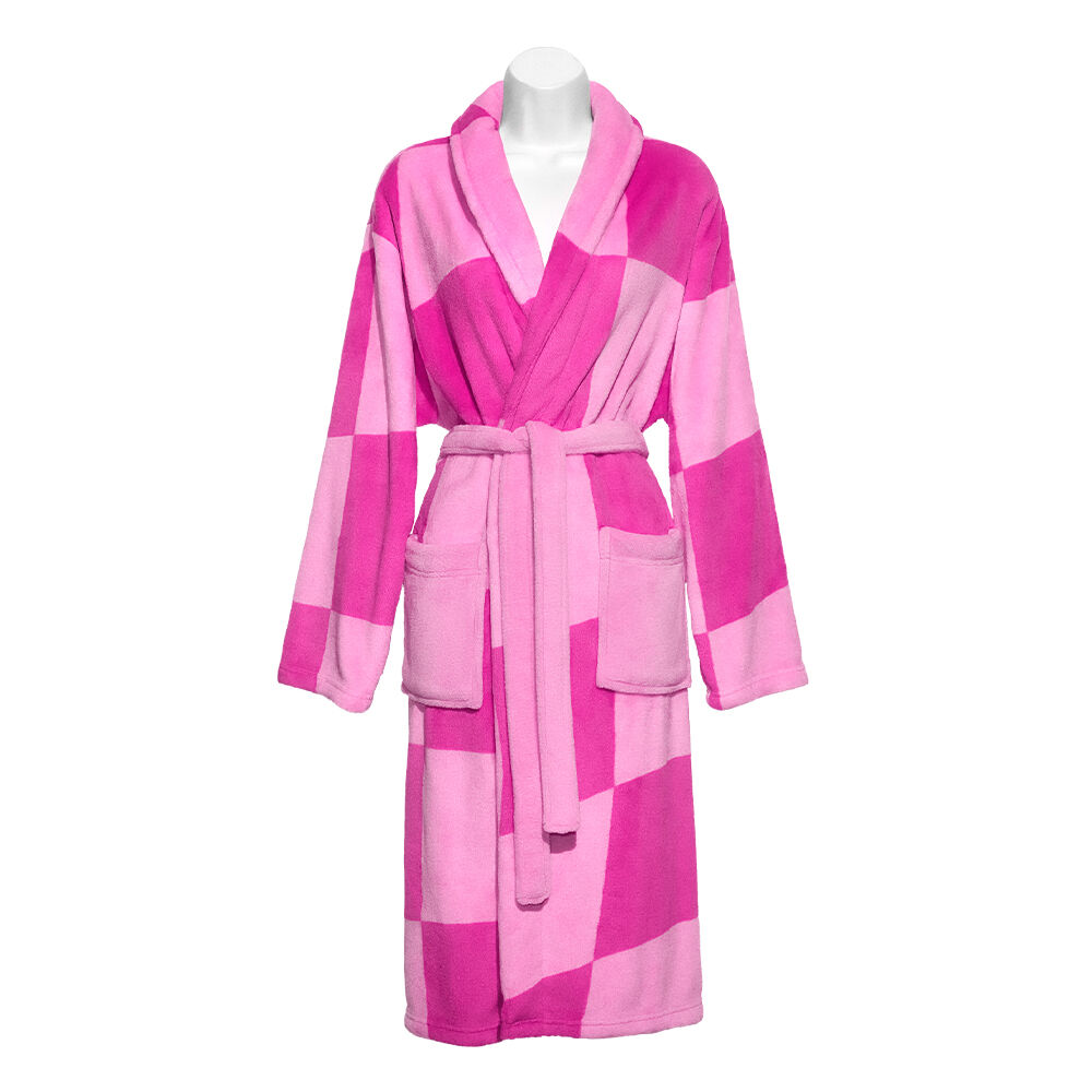 Soft n' Smushy Pink Checkered Robe on a mannequin, against a white background