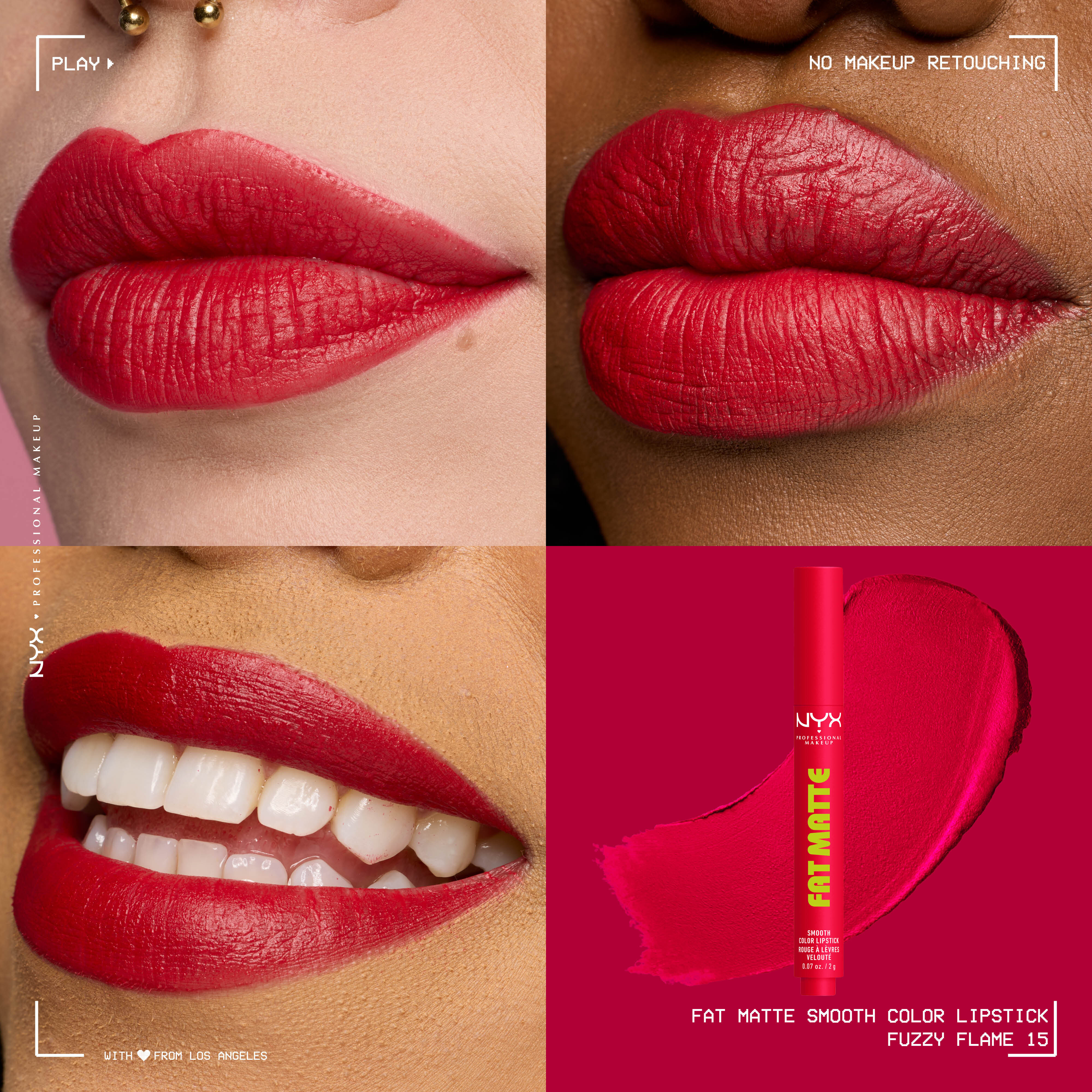 Four-panel grid showing NYX Professional Makeup Fat Matte Smooth Color Lipstick in shade Fuzzy Flame on three diverse skin tones with a smooth, non-cakey matte finish, alongside the click-pen packshot and shade swatch.